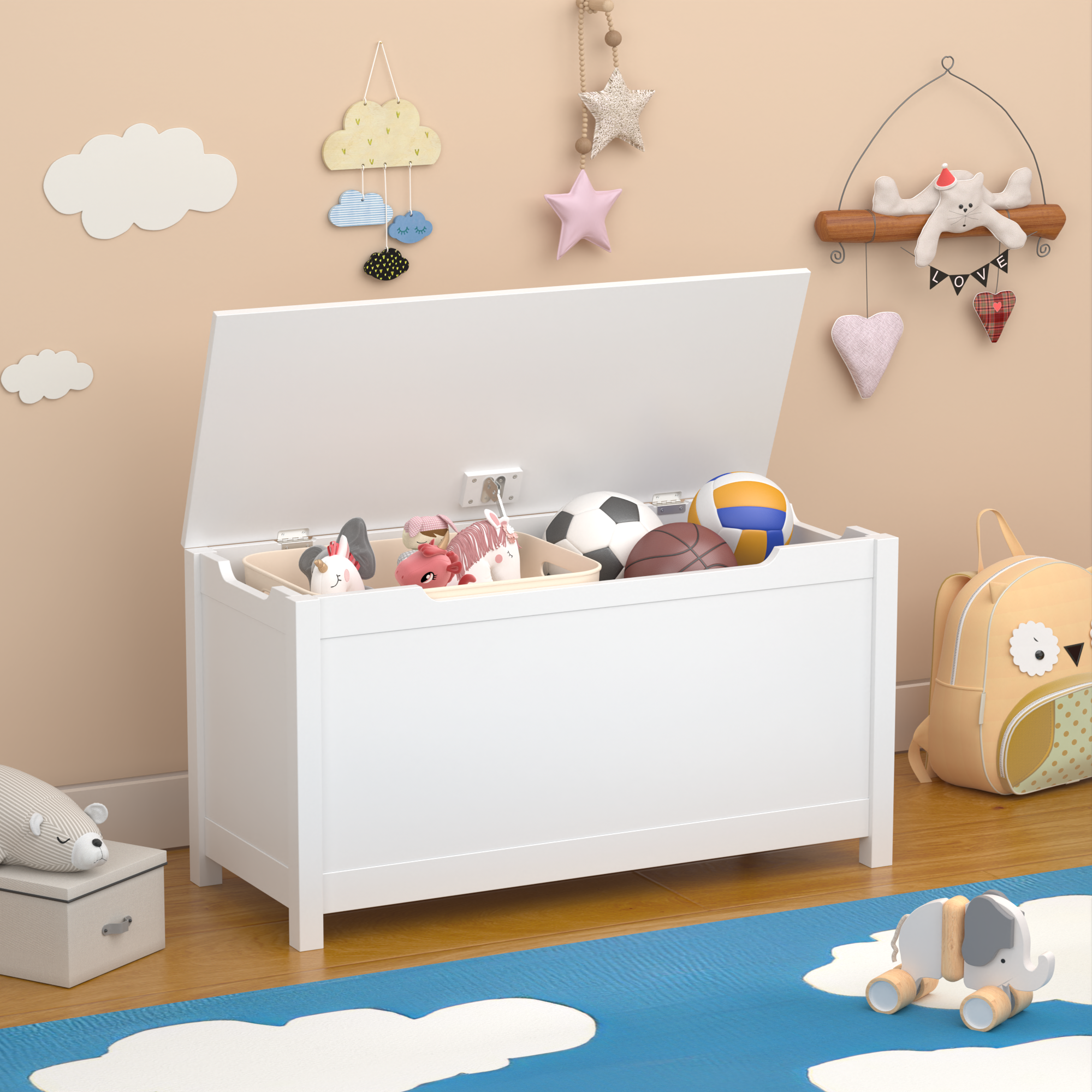 Kids Wooden Toy Box Storage with Safety Hinged Lid for Ages 2+, White