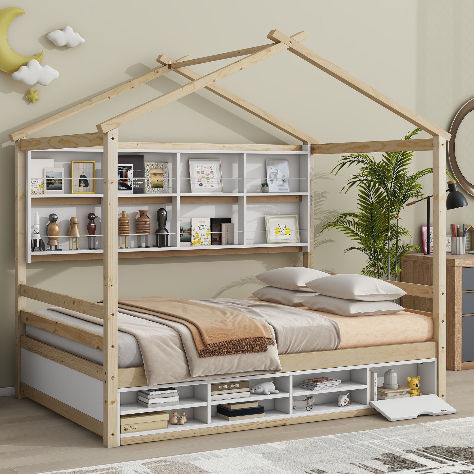 Full House Bed with Roof Frame, Bedside-shelves, Under Bed Storage Unit, Natural