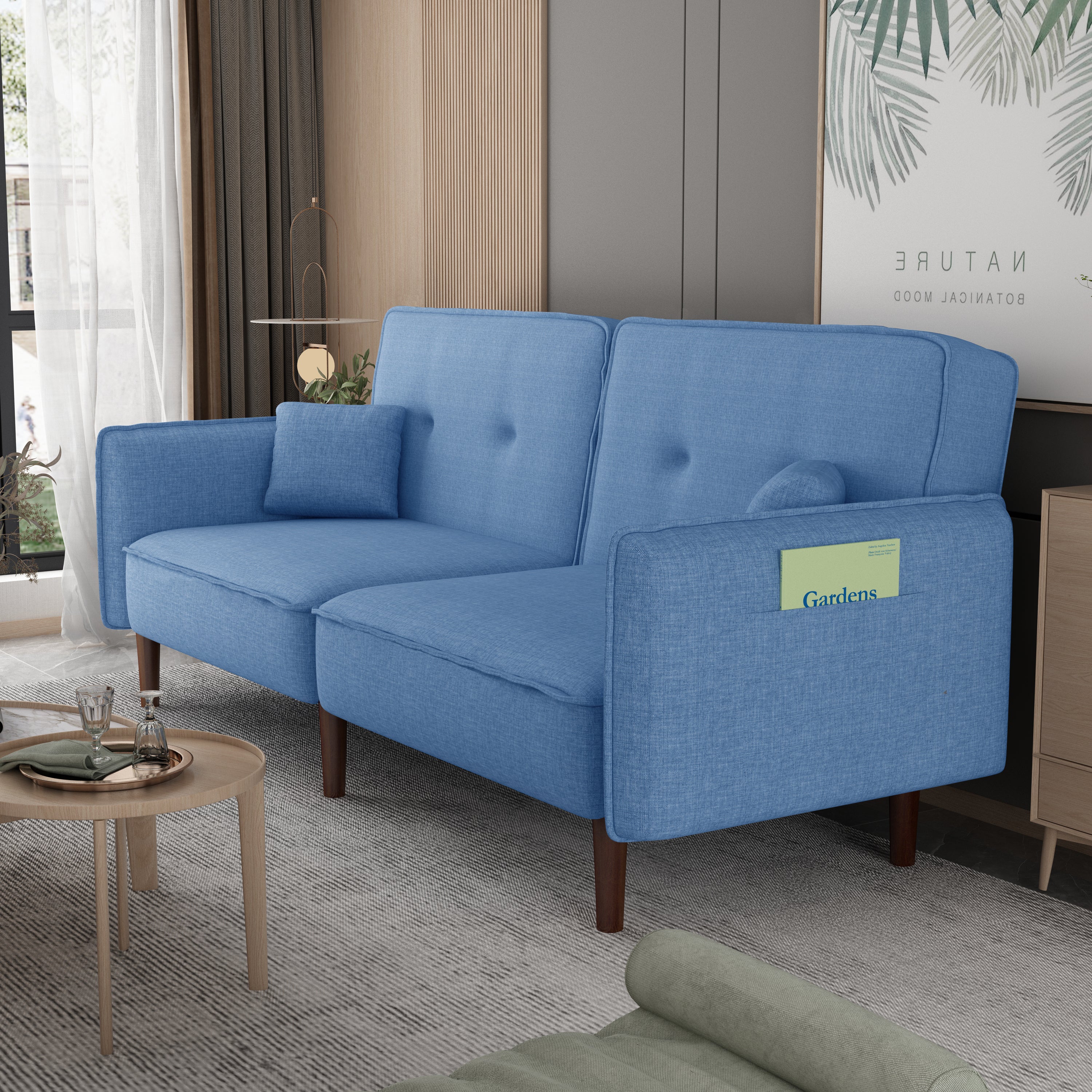 Living Room Bed Room Leisure Futon Sofa Bed In Blue Fabric With Solid Wood Leg