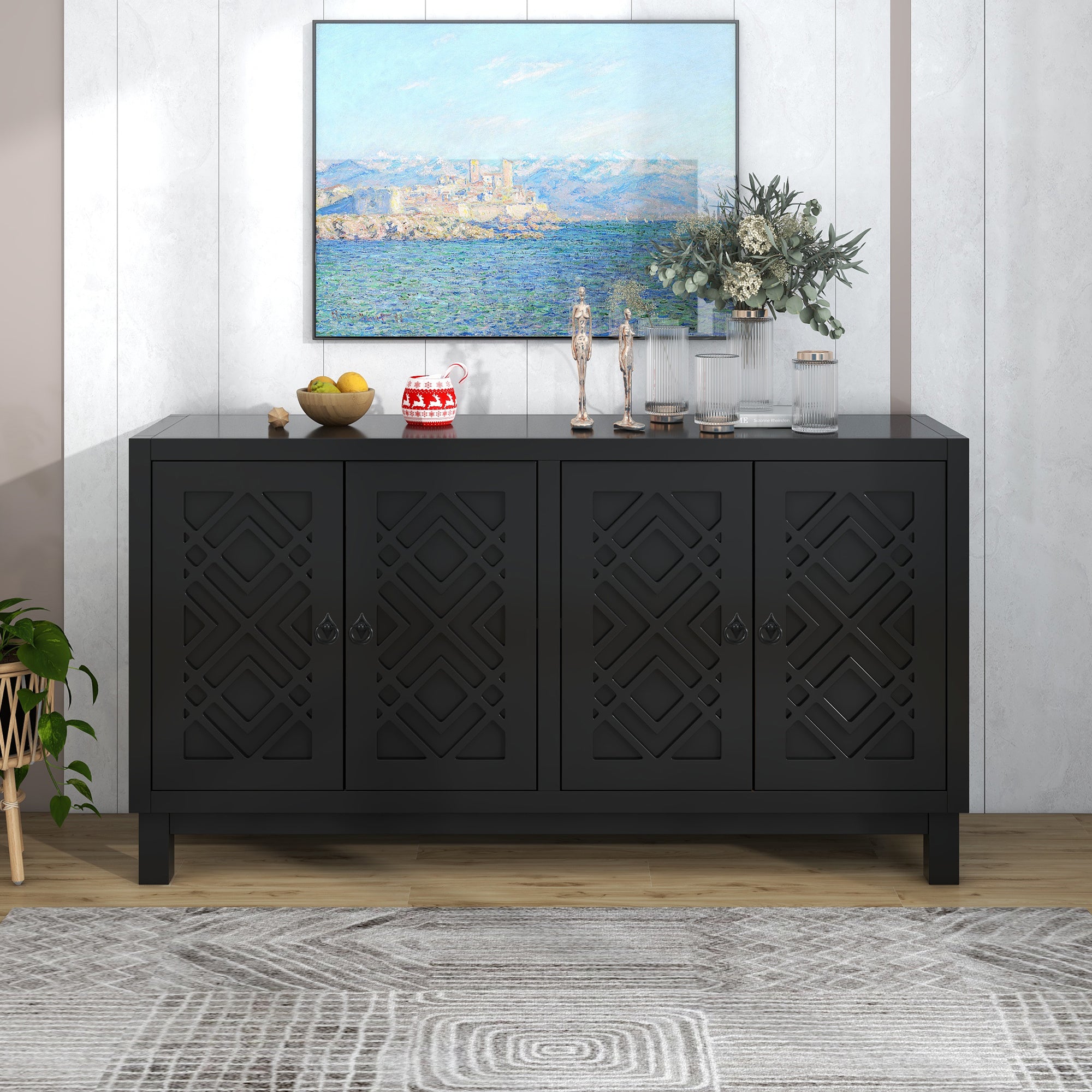 🆓🚛 Large Storage Space Sideboard, 4 Door Buffet Cabinet With Pull Ring Handles for Living Room, Dining Room, Black