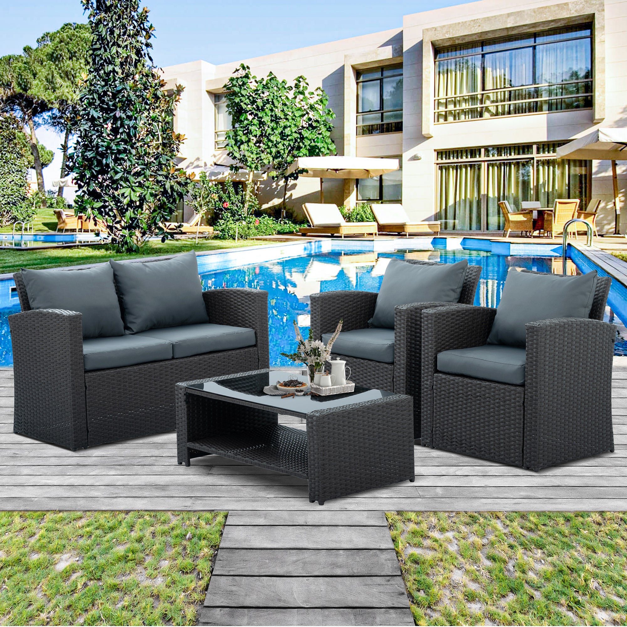 🆓🚛 4 Pcs Patio Furniture Set, Dark Gray