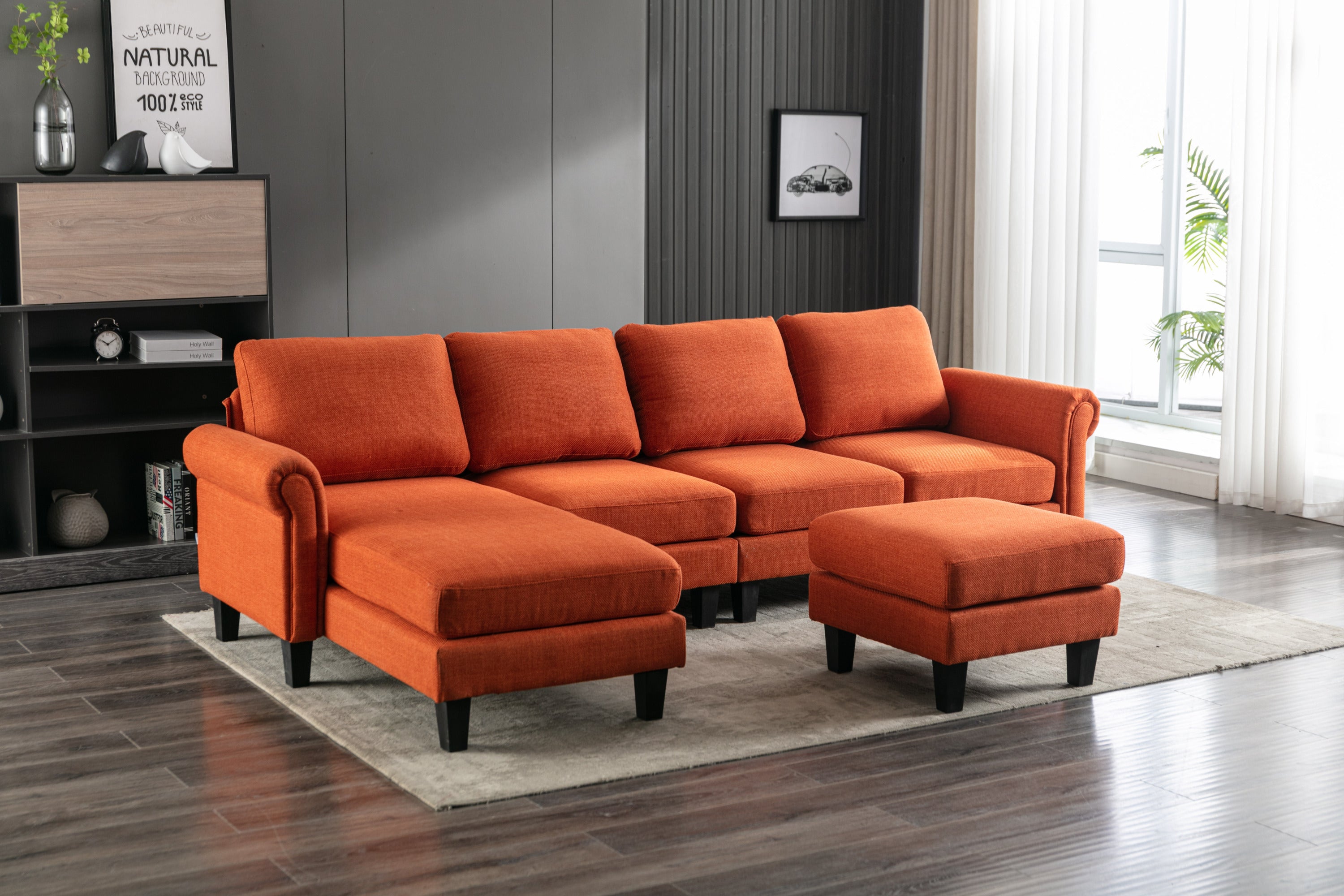🆓🚛 108" L-Shaped 4-Seater Sectional Sofa Couch With Ottoman, Orange
