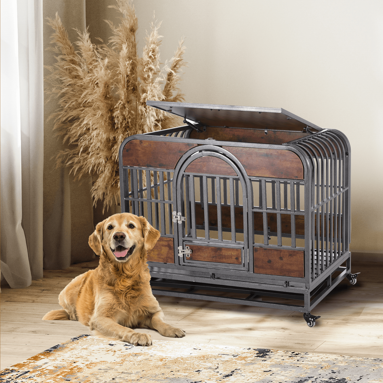 🆓🚛 46" Heavy Duty Dog Crate, Furniture Style Dog Crate With Removable Trays and Wheels for High Anxiety Dogs, Brown