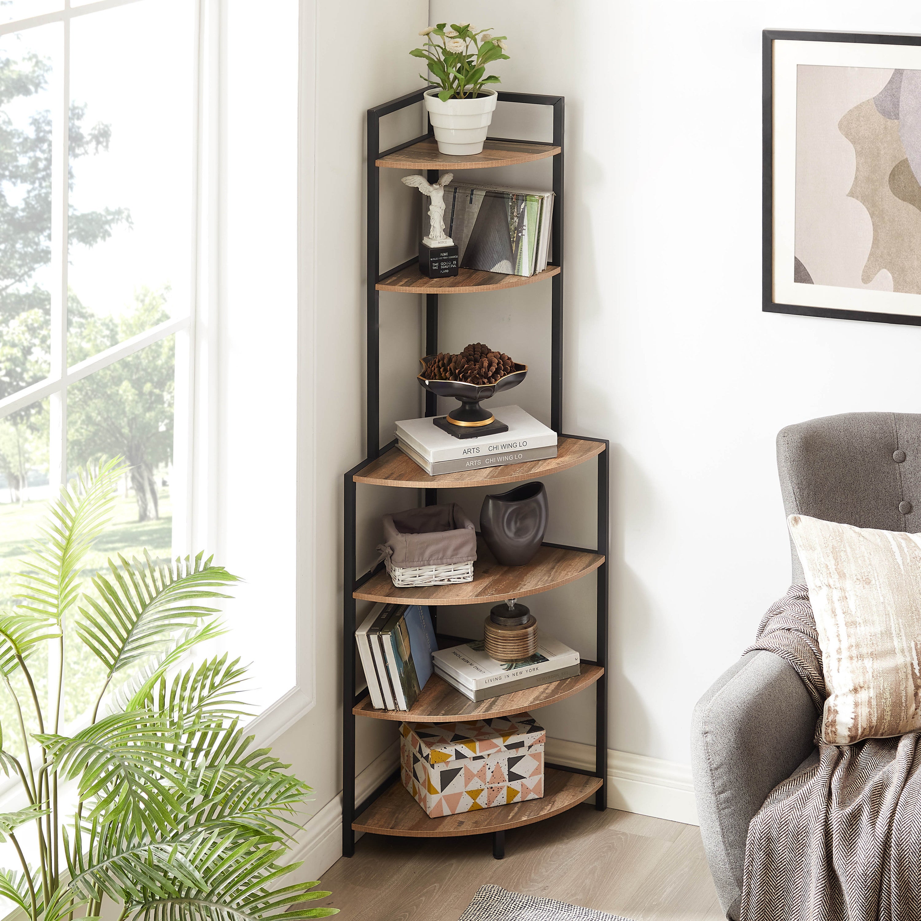🆓🚛 6-Tier Corner Open Shelf Modern Bookcase Wood Rack Freestanding Shelving Unit, Space-Saving for Living Room Home Office Kitchen Small Space, Rustic Brown