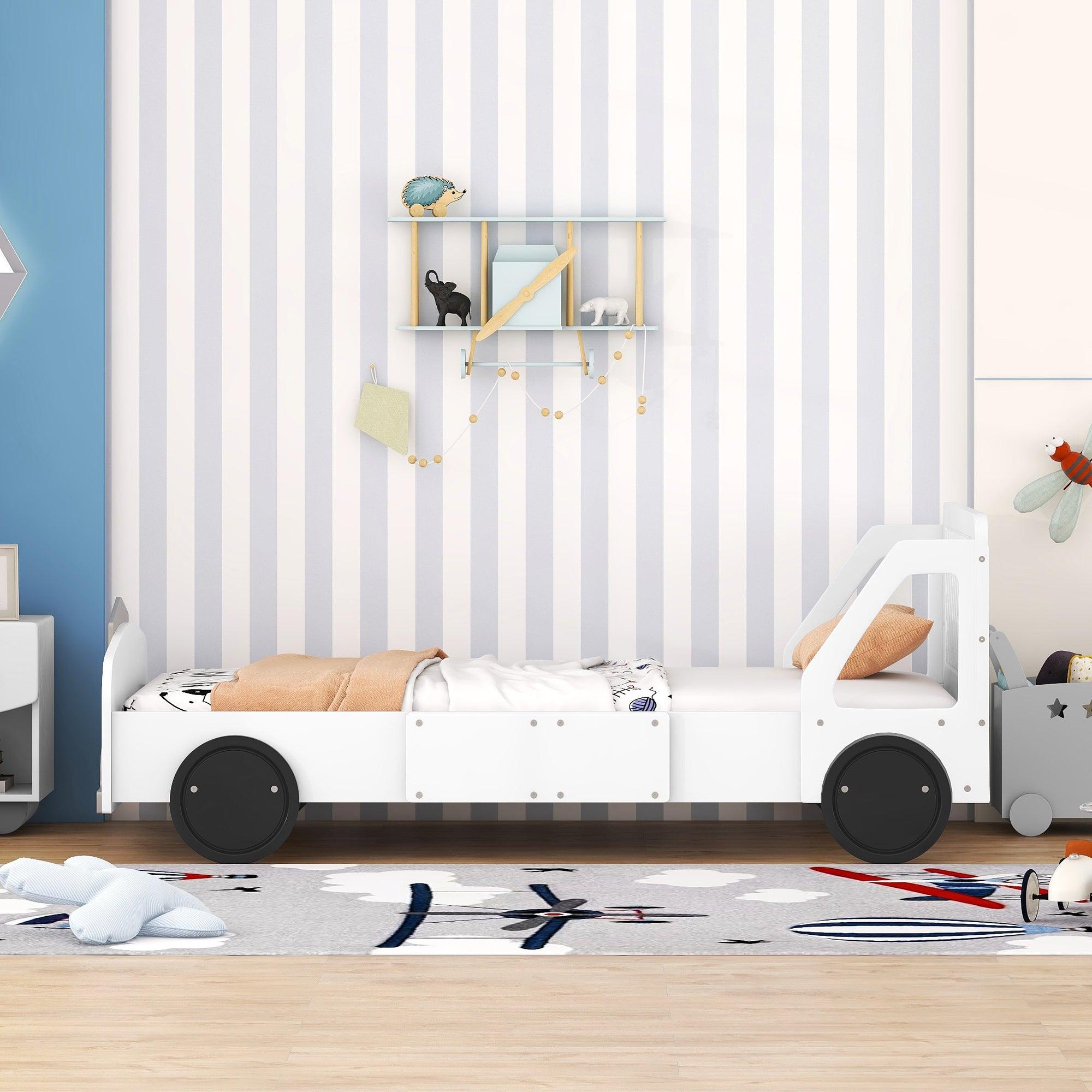 🆓🚛 Twin Size Car-Shaped Platform Bed With Wheels, White