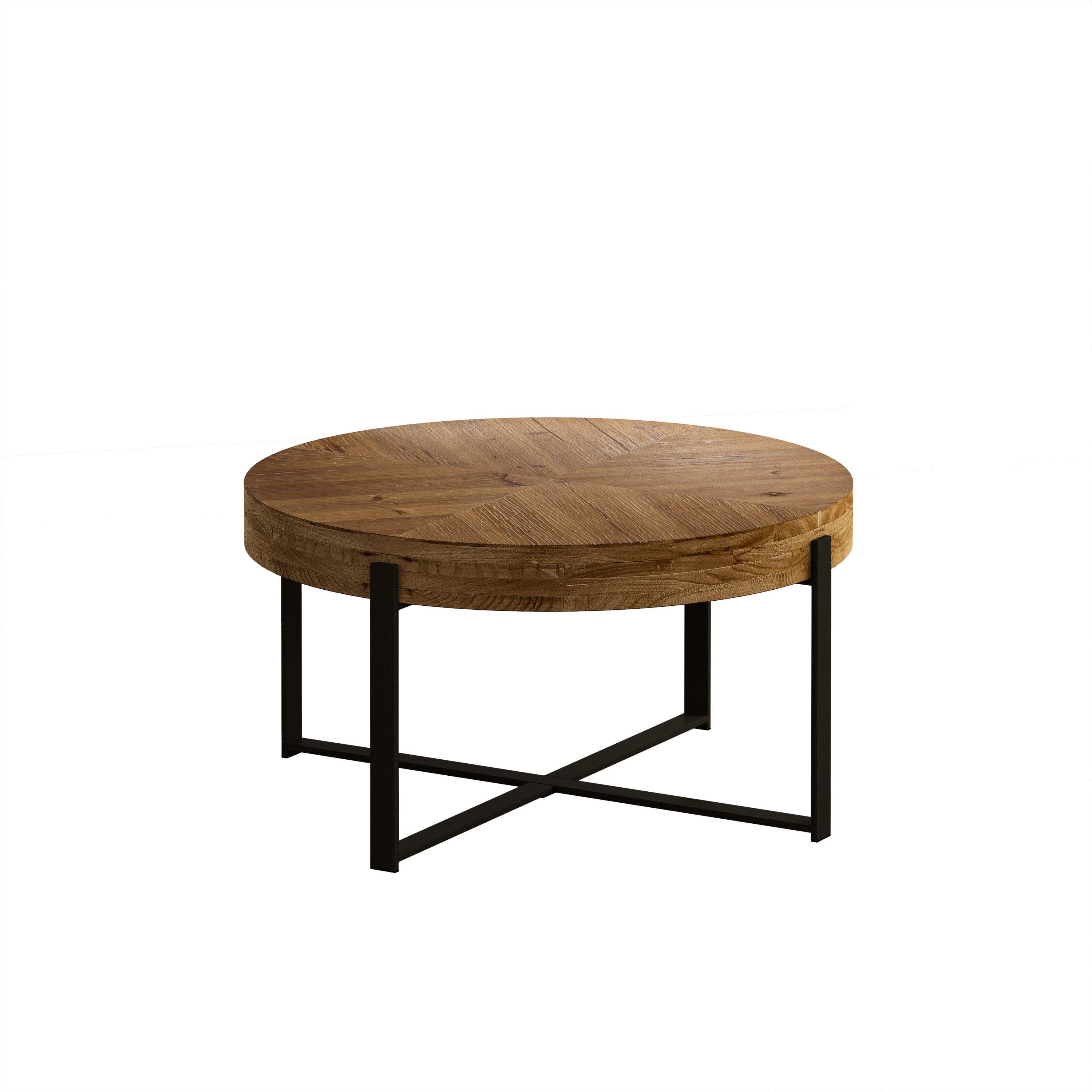 33.86" Modern Retro Splicing Round Coffee Table, Fir Wood Table Top with Black Cross Legs Base