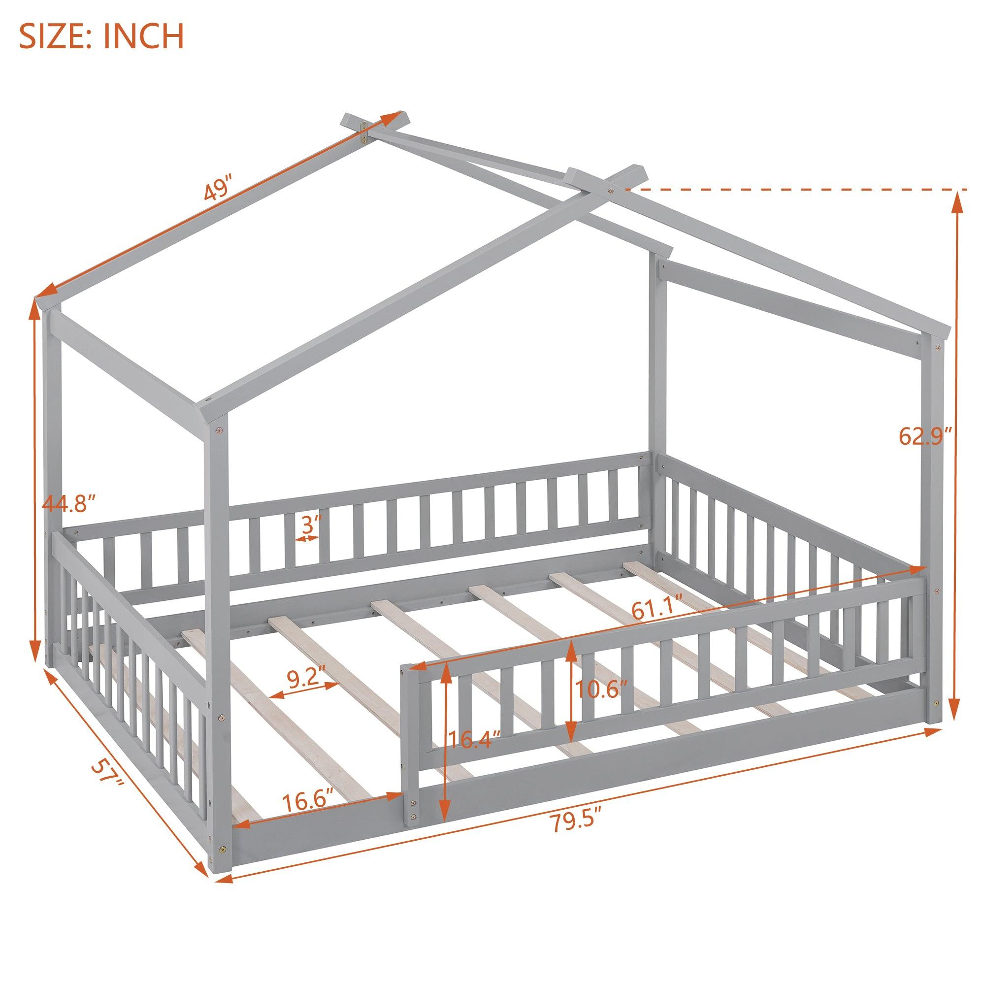 Full Size Wood Bed House Bed Frame with Fence, for Kids, Teens, Girls, Boys, Gray