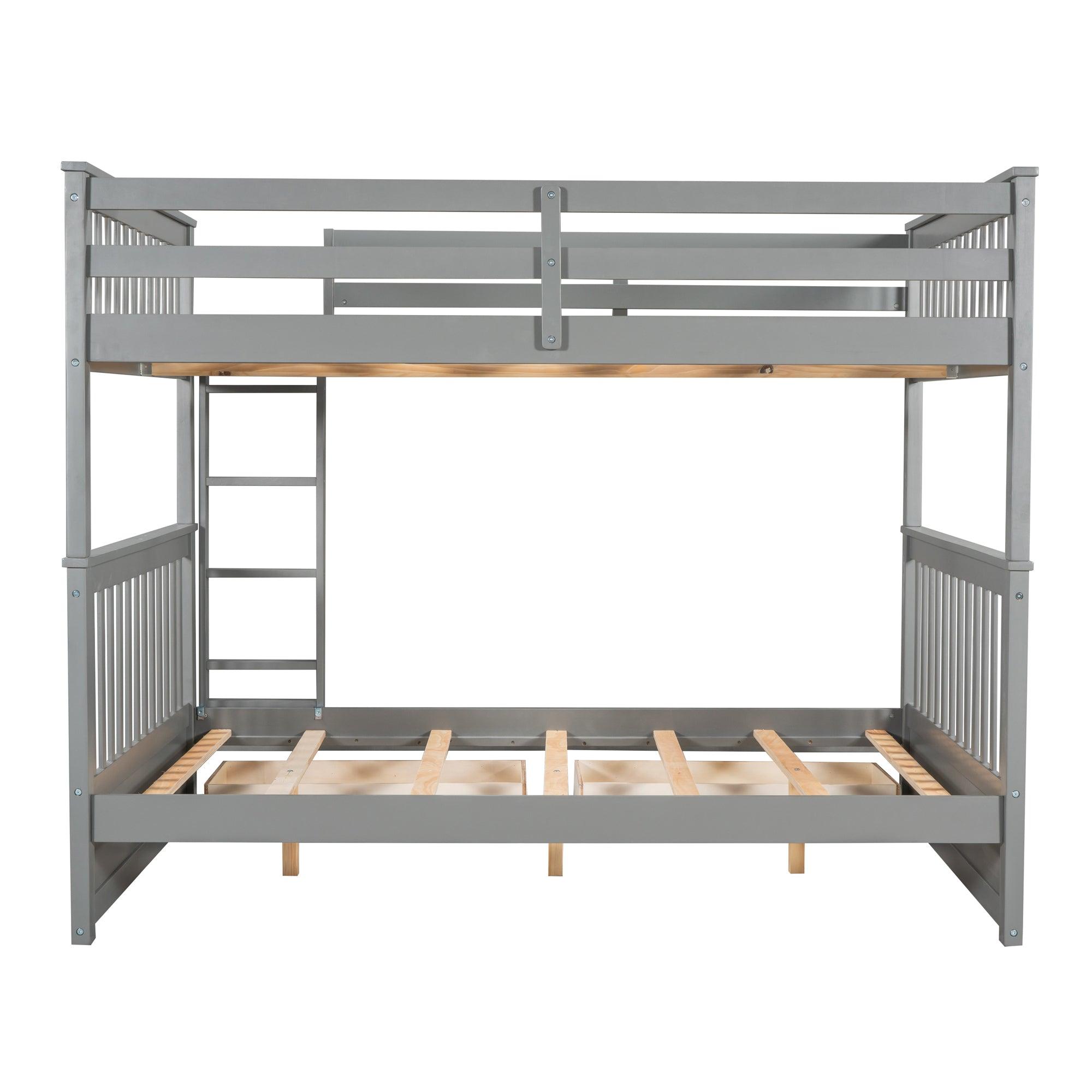 Full-Over-Full Bunk Bed with Ladders and Two Storage Drawers (Gray)