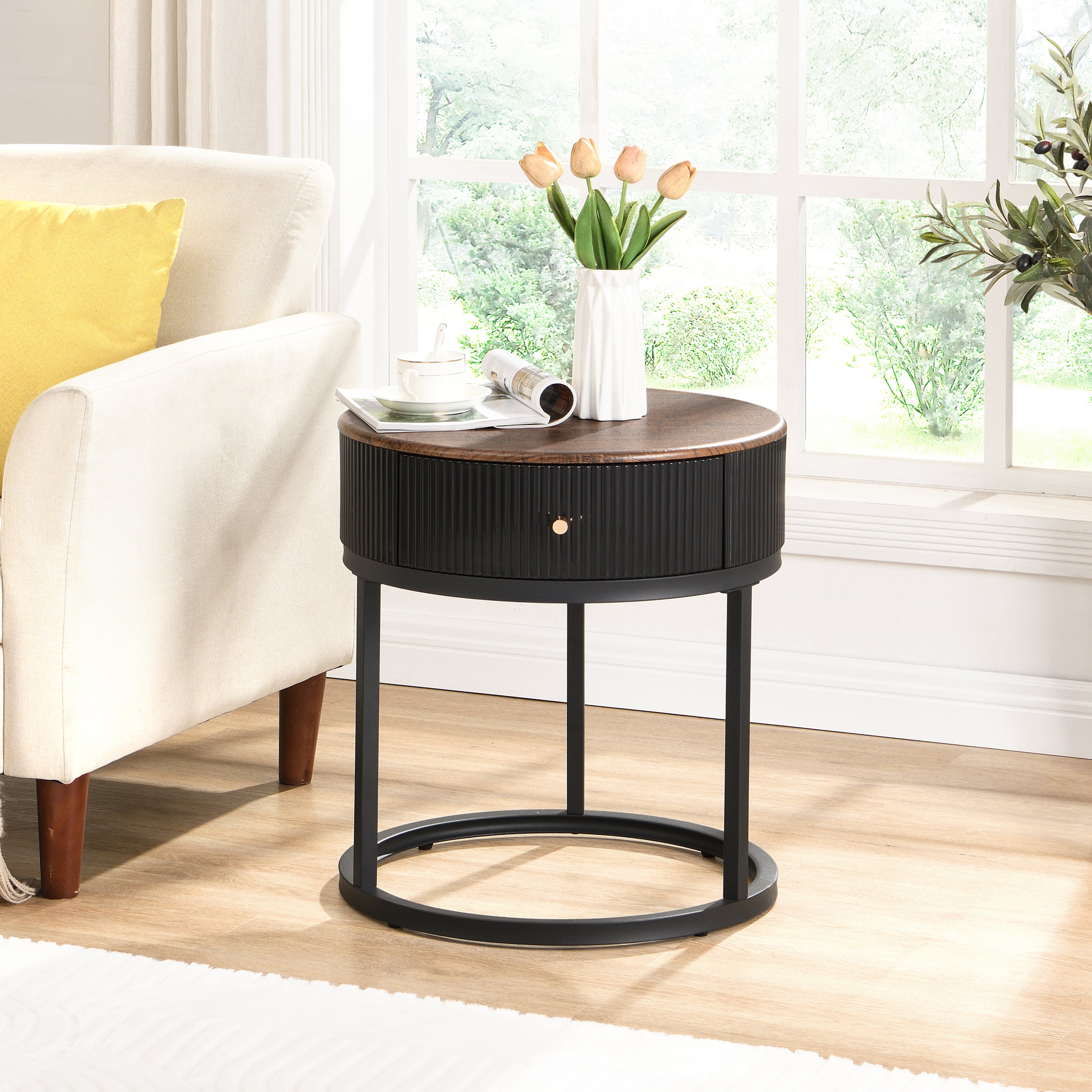 Round Nightstand with Drawer, 19.68" Wood End Table with Storage, Small Table or Living Room, Bedroom and Small Spaces