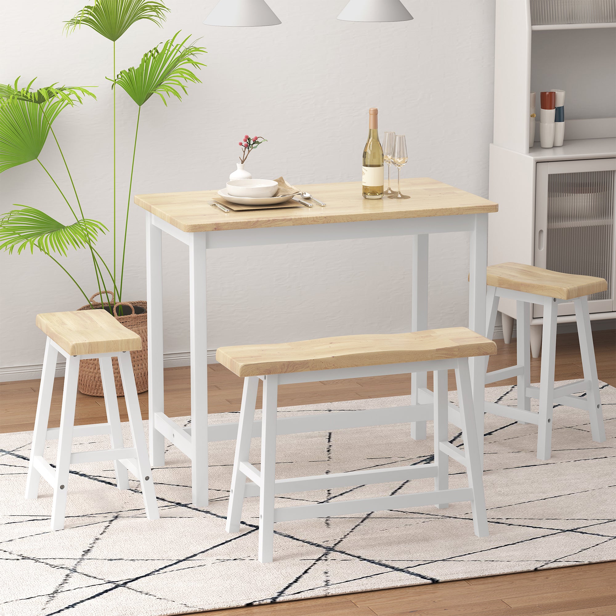 4 Pcs Modern Bar Dining Table Set for 4, Counter Height Table Bench Stool for Small Space Kitchen, Natural Color & White