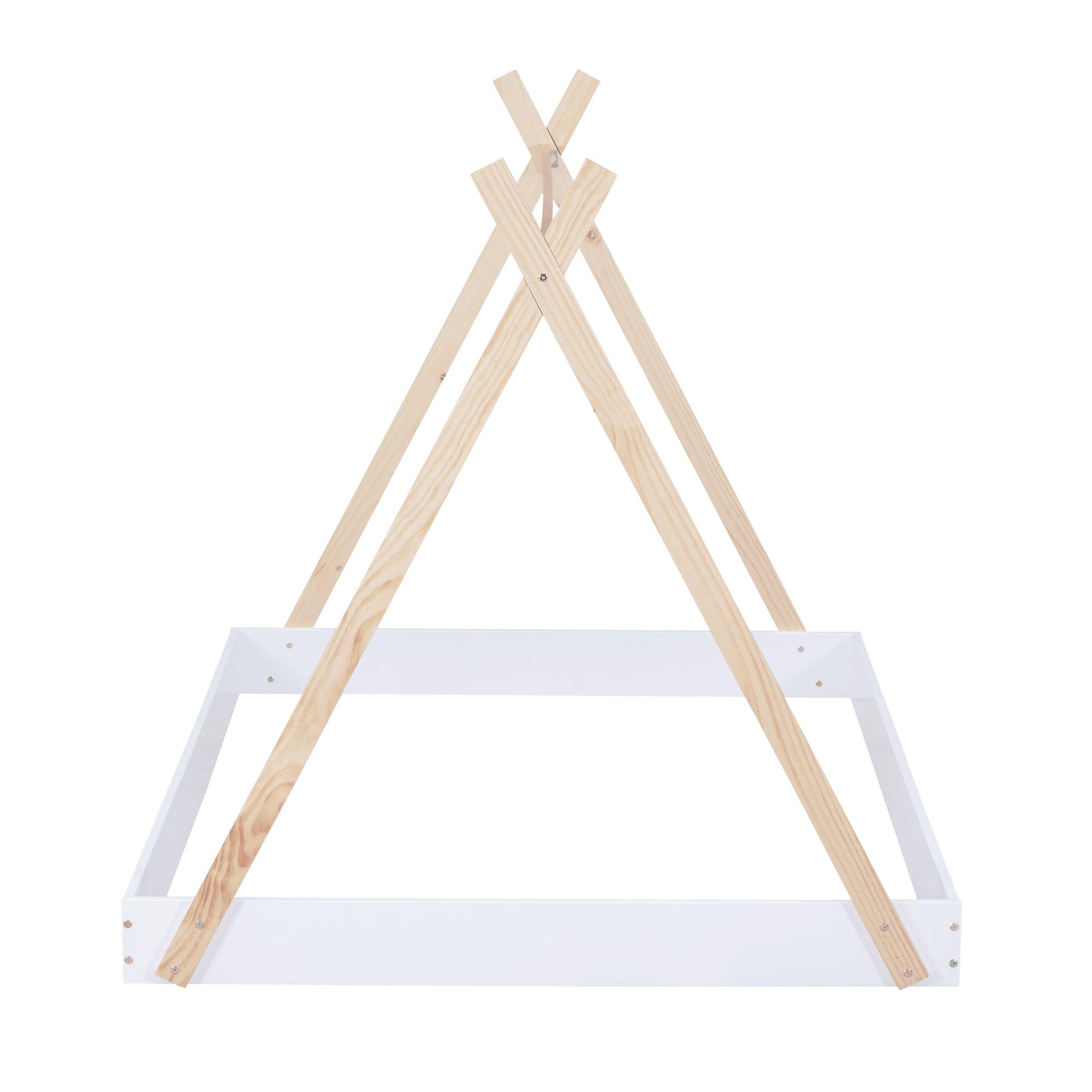 Full Size Tent Floor Bed with Triangle Structure, White+Natural