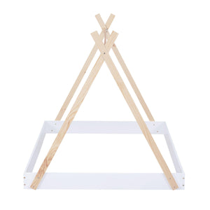 Full Size Tent Floor Bed with Triangle Structure, White+Natural