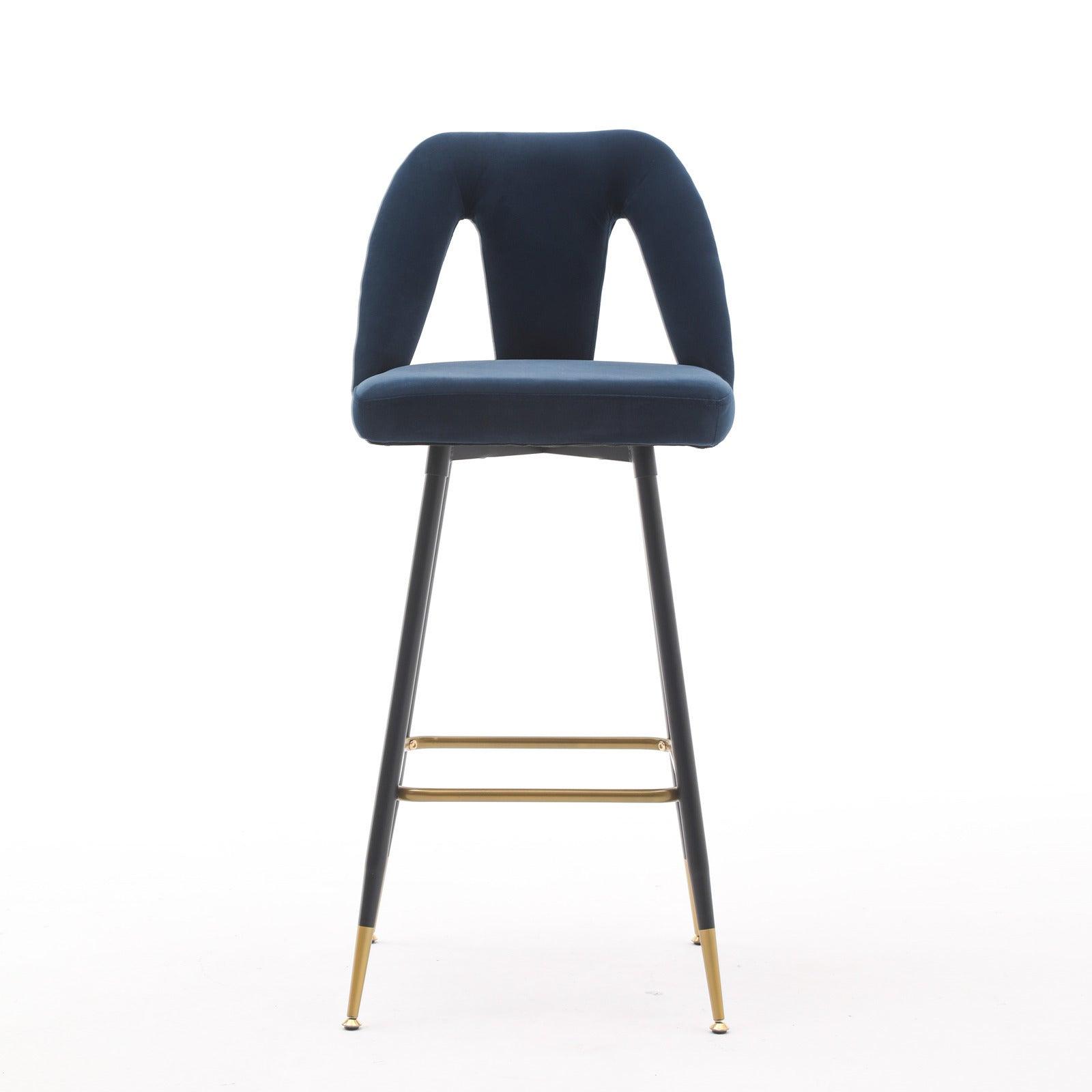 🆓🚛 Modern | Contemporary Velvet Upholstered Connor 28" Bar Stool With Nailheads & Gold Tipped Black Metal Legs, Set Of 2, Blue