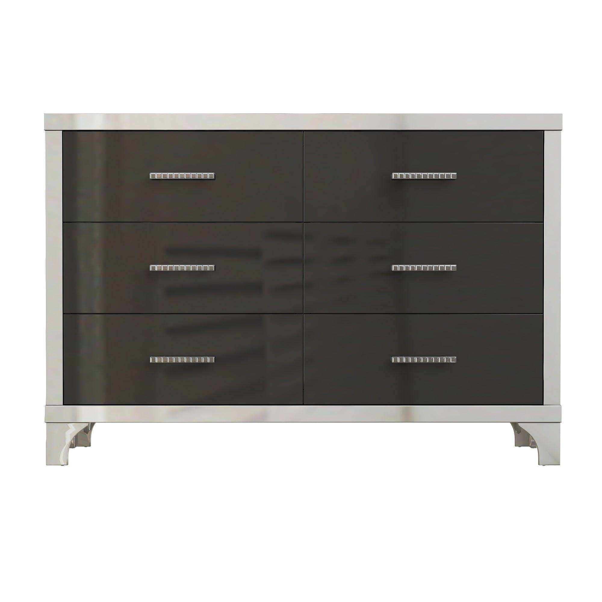 Elegant High Gloss Dresser with Metal Handle, Mirrored Storage Cabinet with 6 Drawers for Bedroom, Living Room, Black