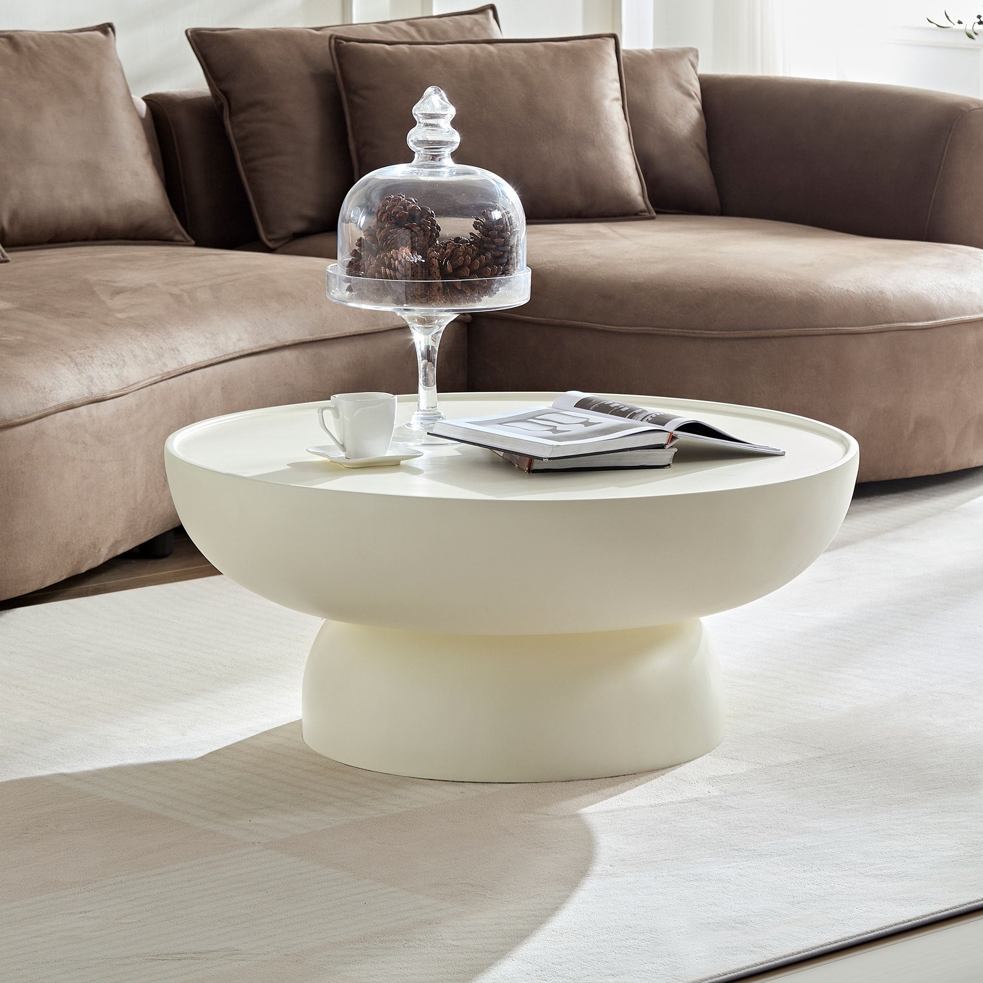 35.43" Fiberglass Cream Style Coffee Table for Living Room, Apartment, Matte White Table Front of The Sofa, Irregular Center Table