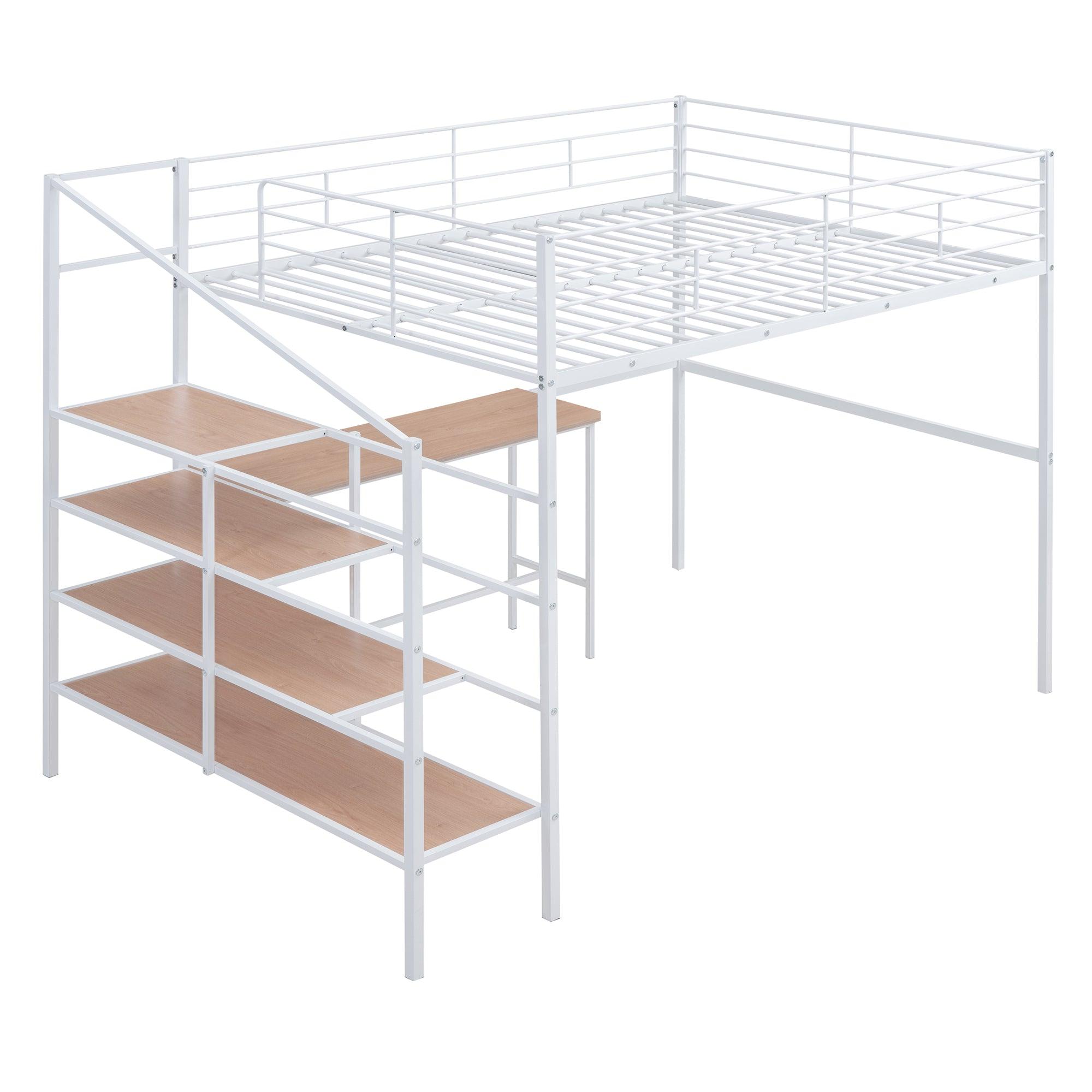 Full Size Metal Loft Bed with Desk and Lateral Storage Ladder, White