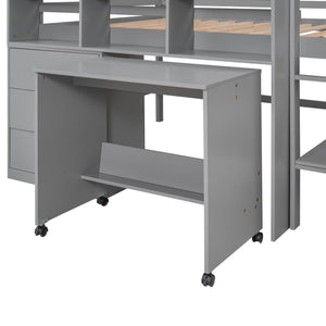 Full Size Low Loft Bed with Rolling Portable Desk, Drawers and Shelves, Gray