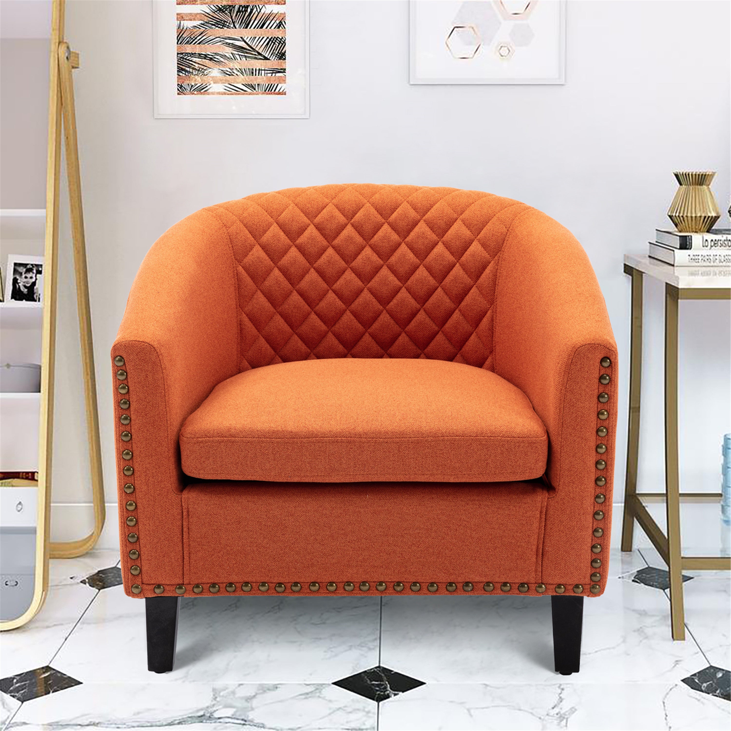 🆓🚛 Accent Barrel Chair Living Room Chair With Nailheads and Solid Wood Legs, Orange Linen