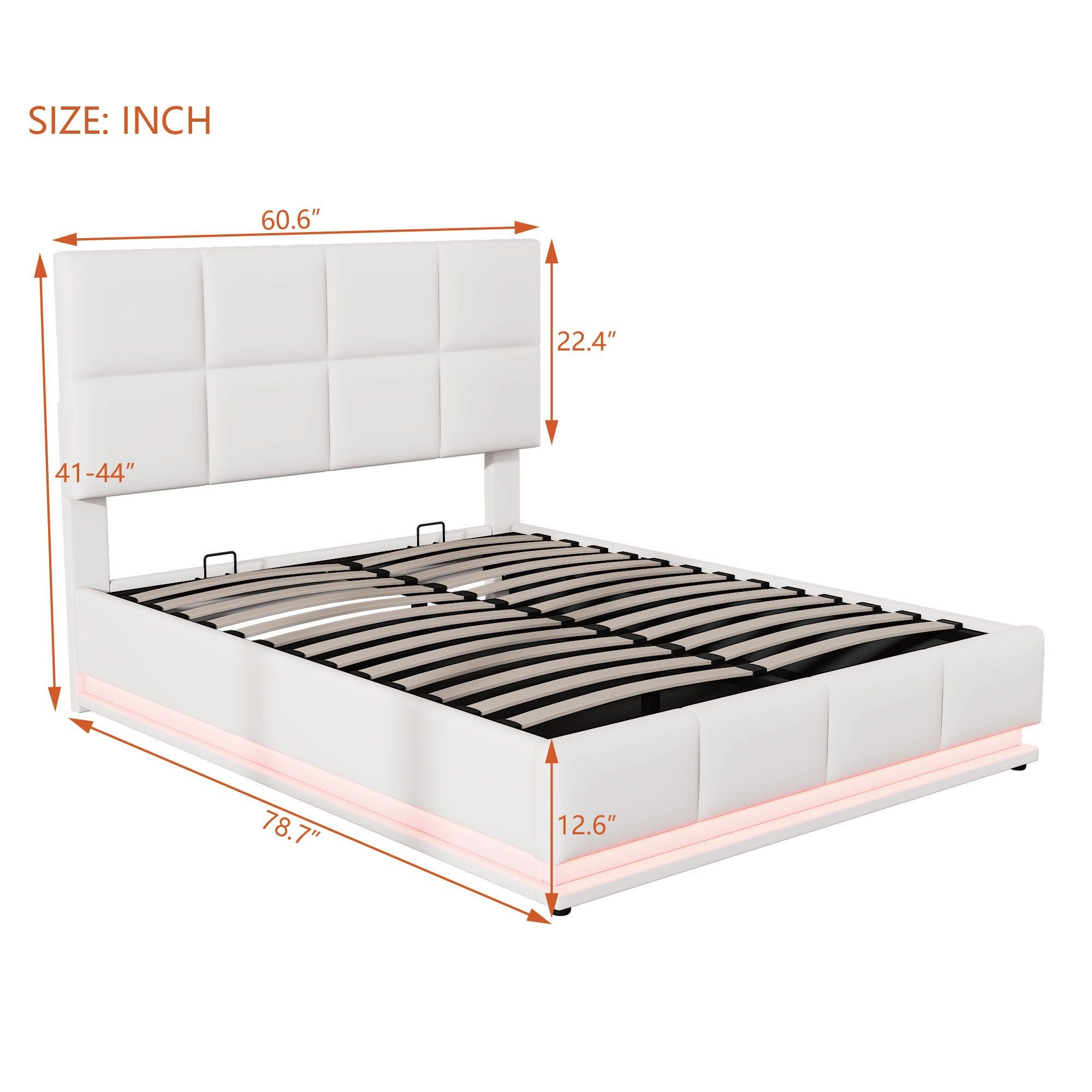 Full Size Tufted Upholstered Platform Bed with Hydraulic Storage System, PU Storage Bed with LED Lights and USB charger, White