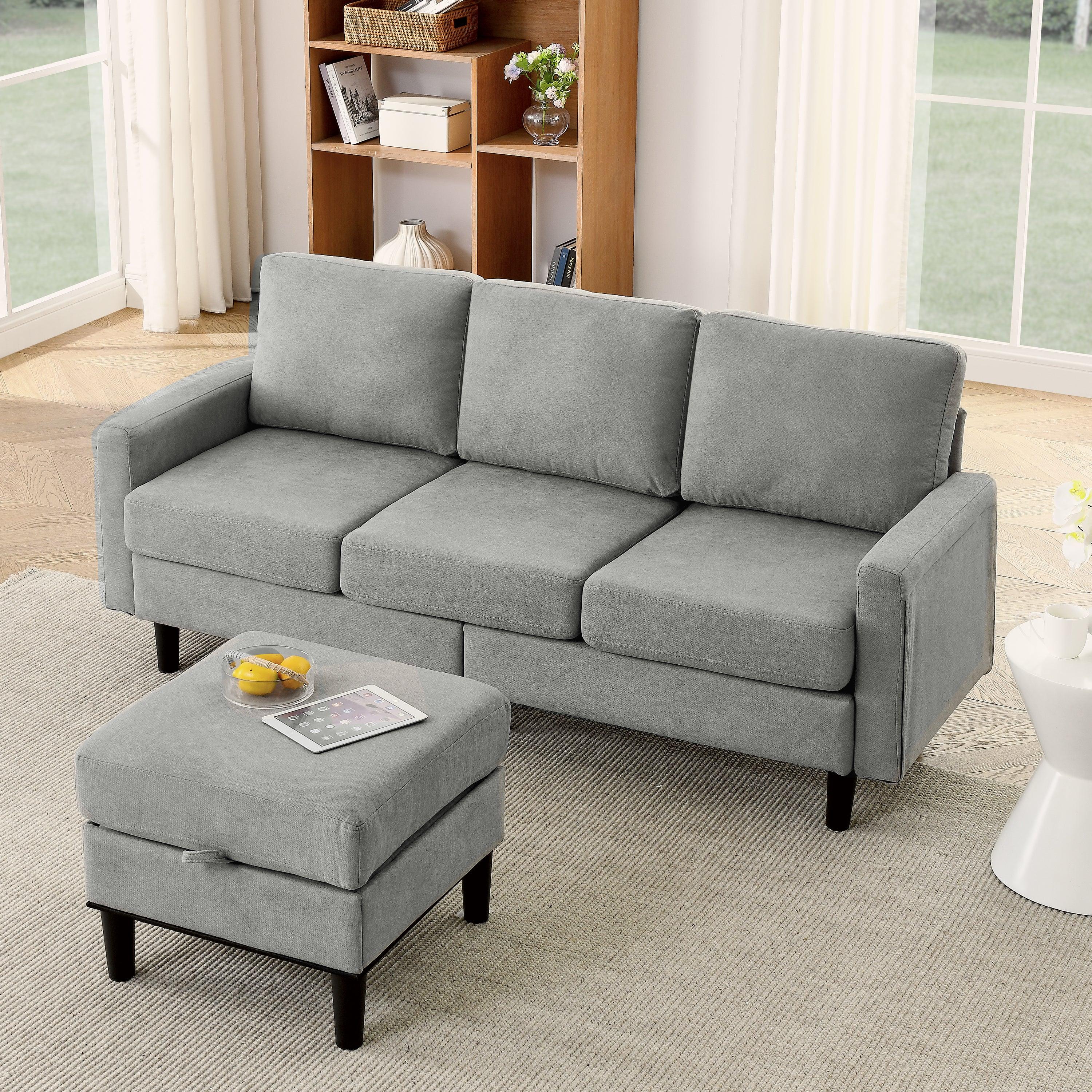🆓🚛 Upholstered Sectional Sofa Couch, L Shaped Couch With Storage Reversible Ottoman Bench 3 Seater for Living Room, Apartment, Compact Spaces, Fabric Light Gray
