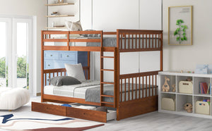 Full-Over-Full Bunk Bed with Ladders and Two Storage Drawers (Walnut)