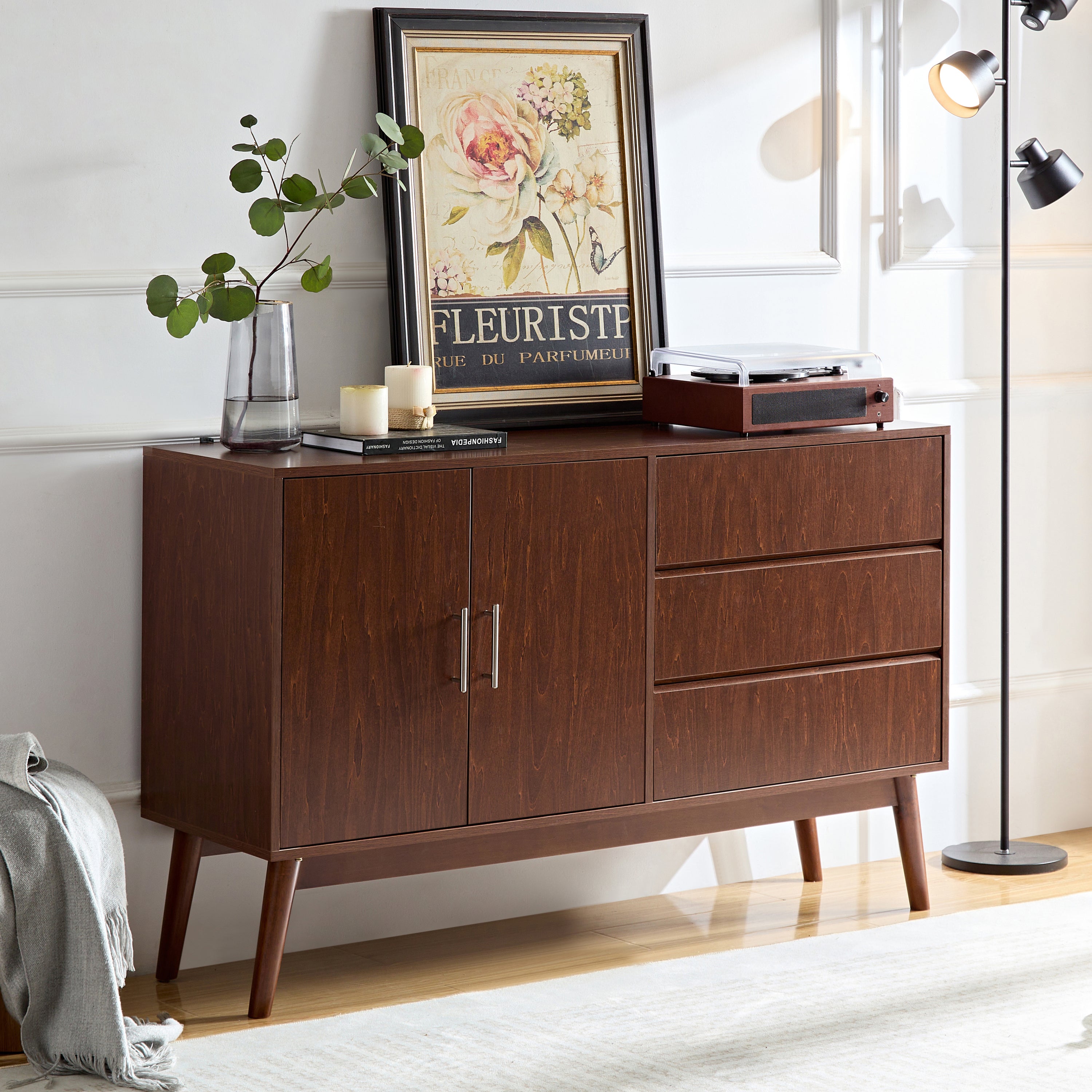🆓🚛 Sideboard Buffet Console Table With Drawers, Media Console With Doors, Storage Cabinet for Living Room & Bedroom, Brown