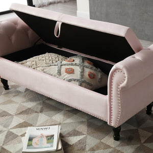 63" Velvet Multifunctional Storage Rectangular Sofa Stool Buttons Tufted Nailhead Trimmed Solid Wood Legs with 1 Pillow, Light Pink