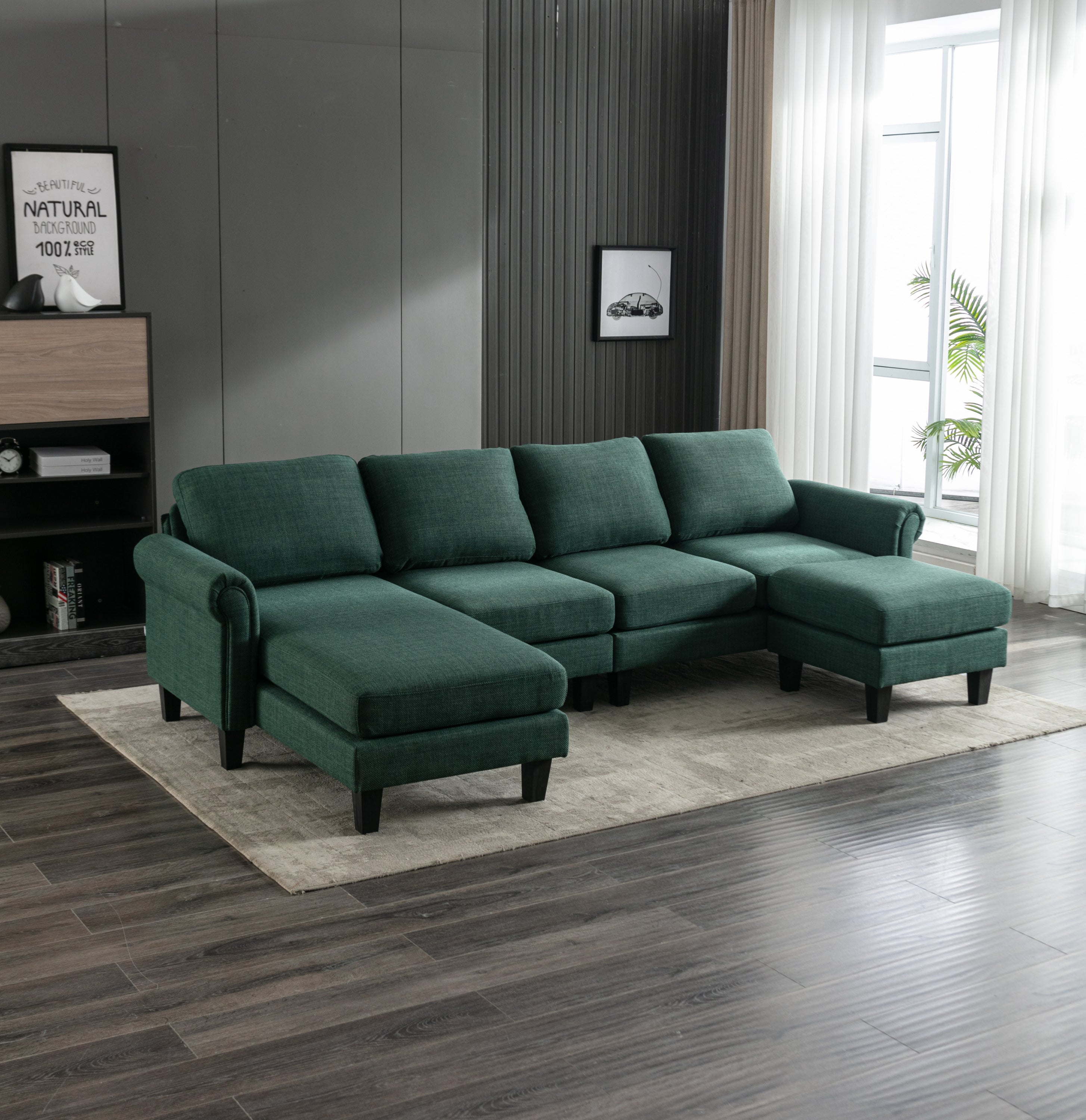 🆓🚛 108" L-Shaped 4-Seater Sectional Sofa Couch With Ottoman, Emerald Green