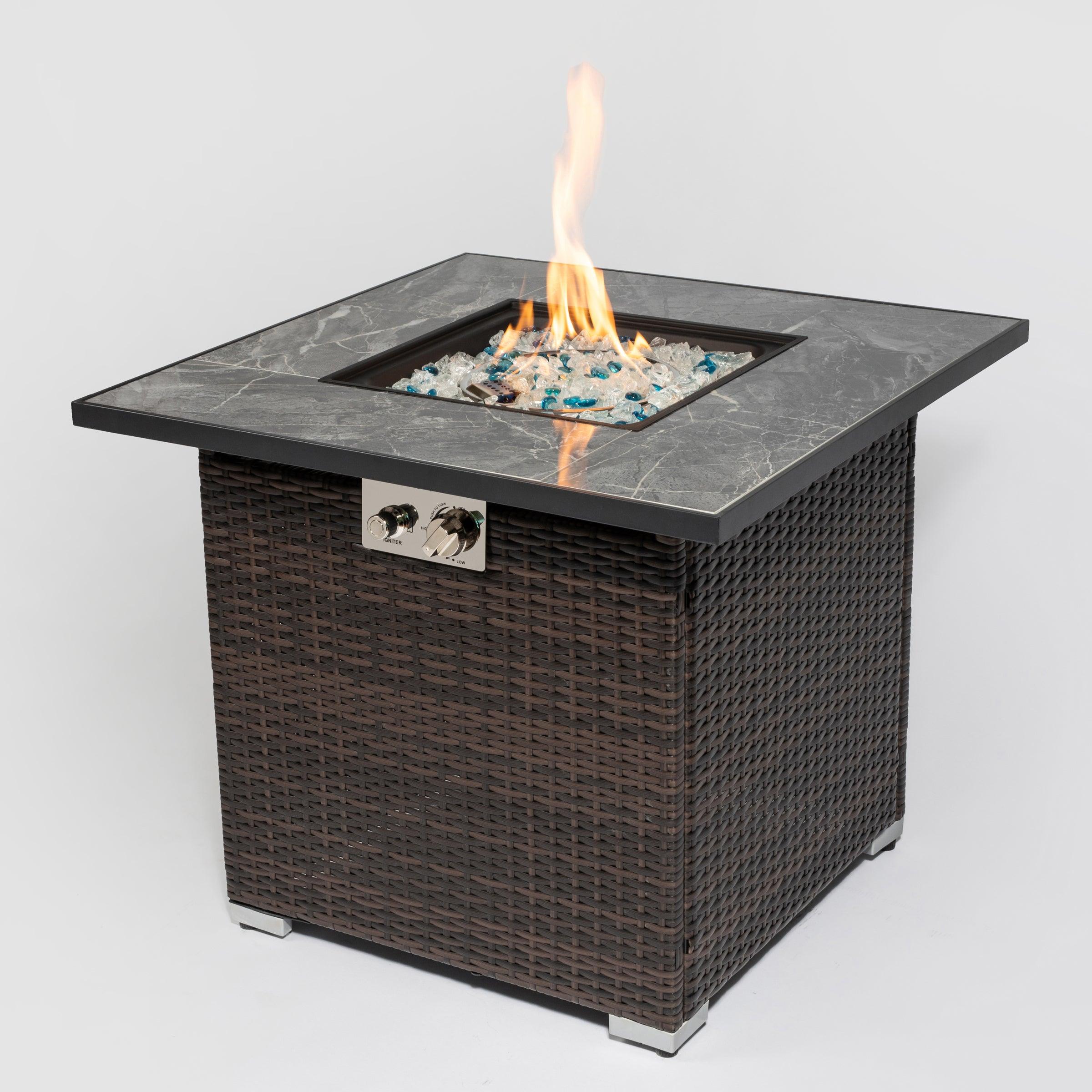 🆓🚛 30" Outdoor Fire Table Propane Gas Fire Pit Table With Lid Gas Fire Pit Table With Glass Rocks & Rain Cover
