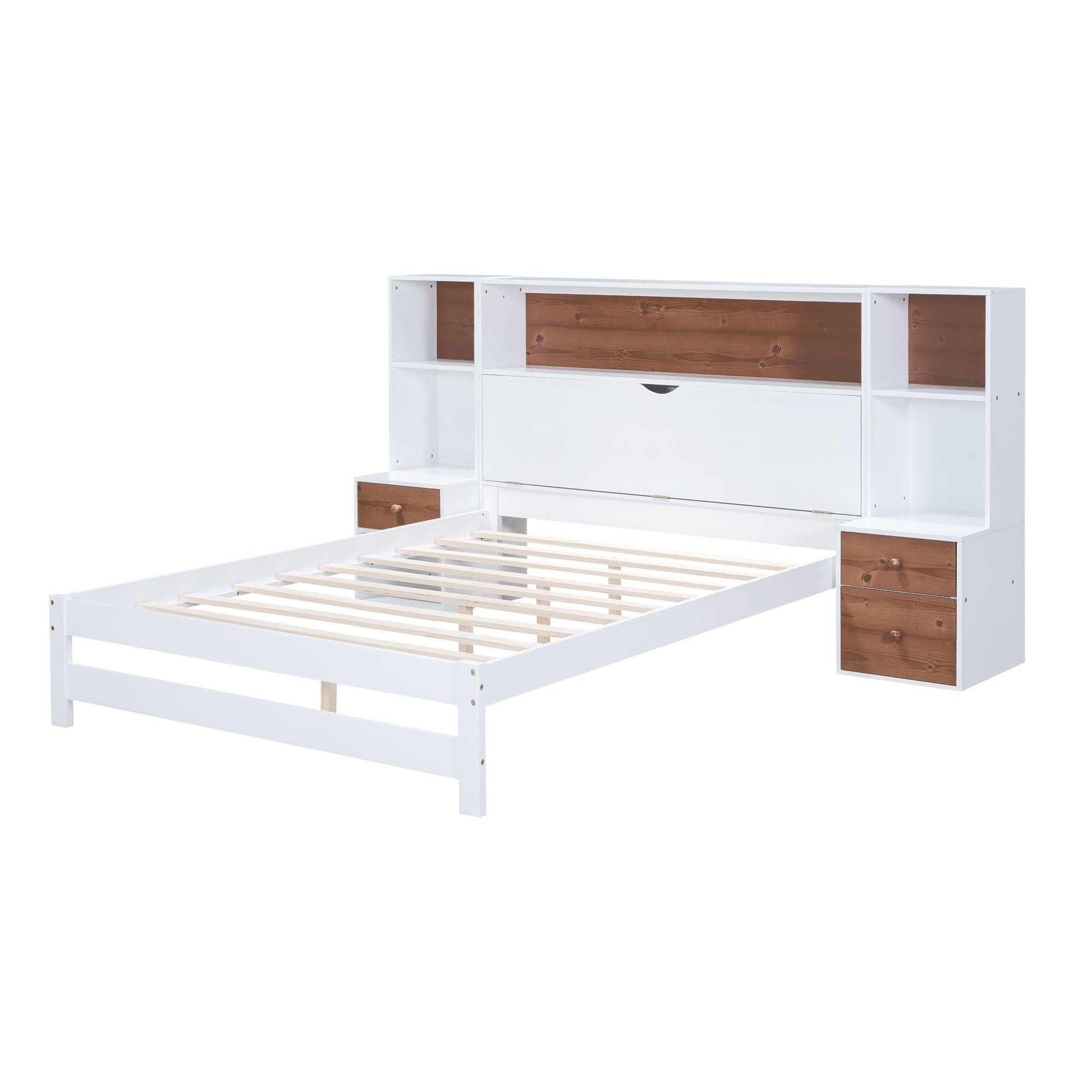 Full Size Platform Bed with Storage Headboard and Drawers, White