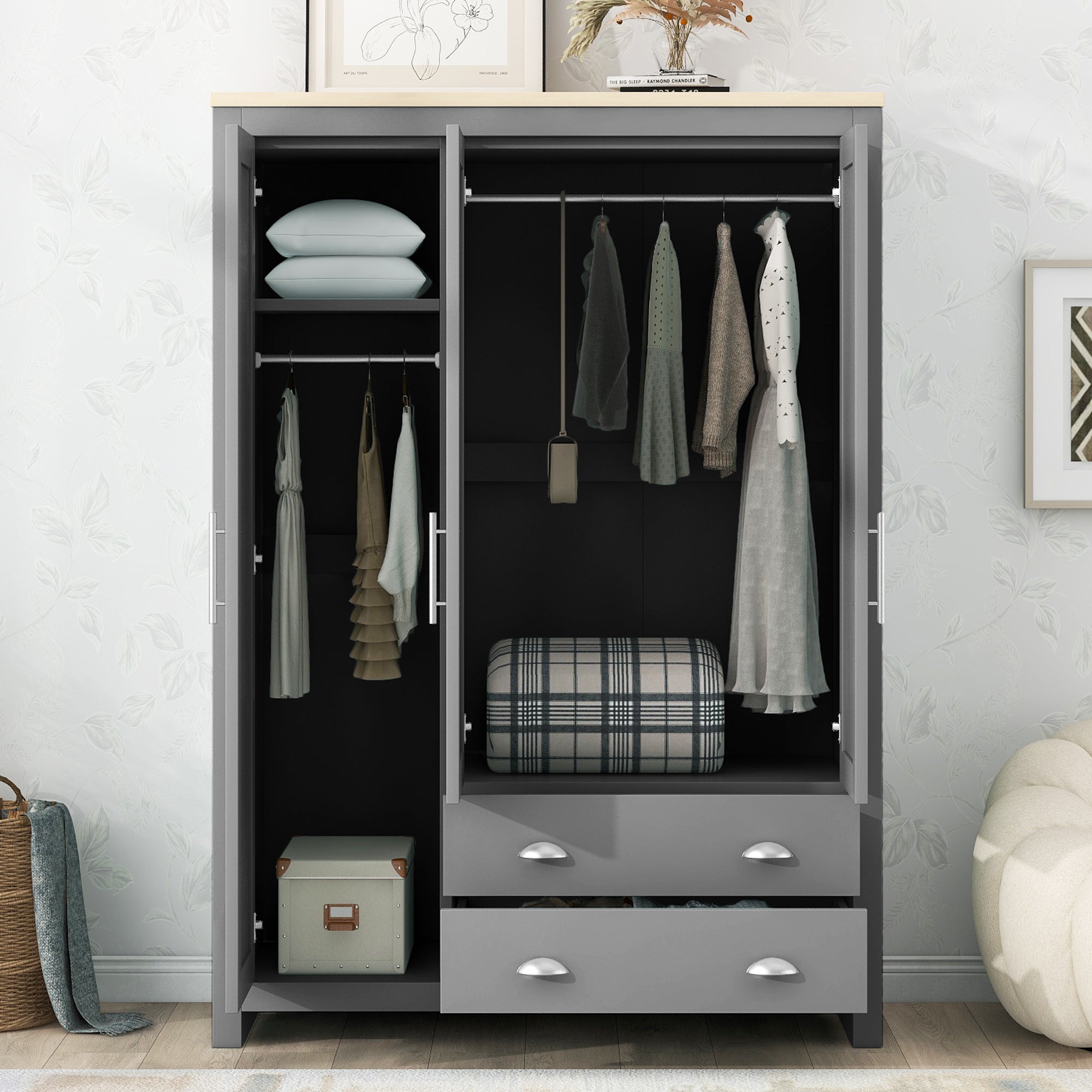 Three Door Storage Wardrobe with Cabinets and Two Hanging Rods, Gray