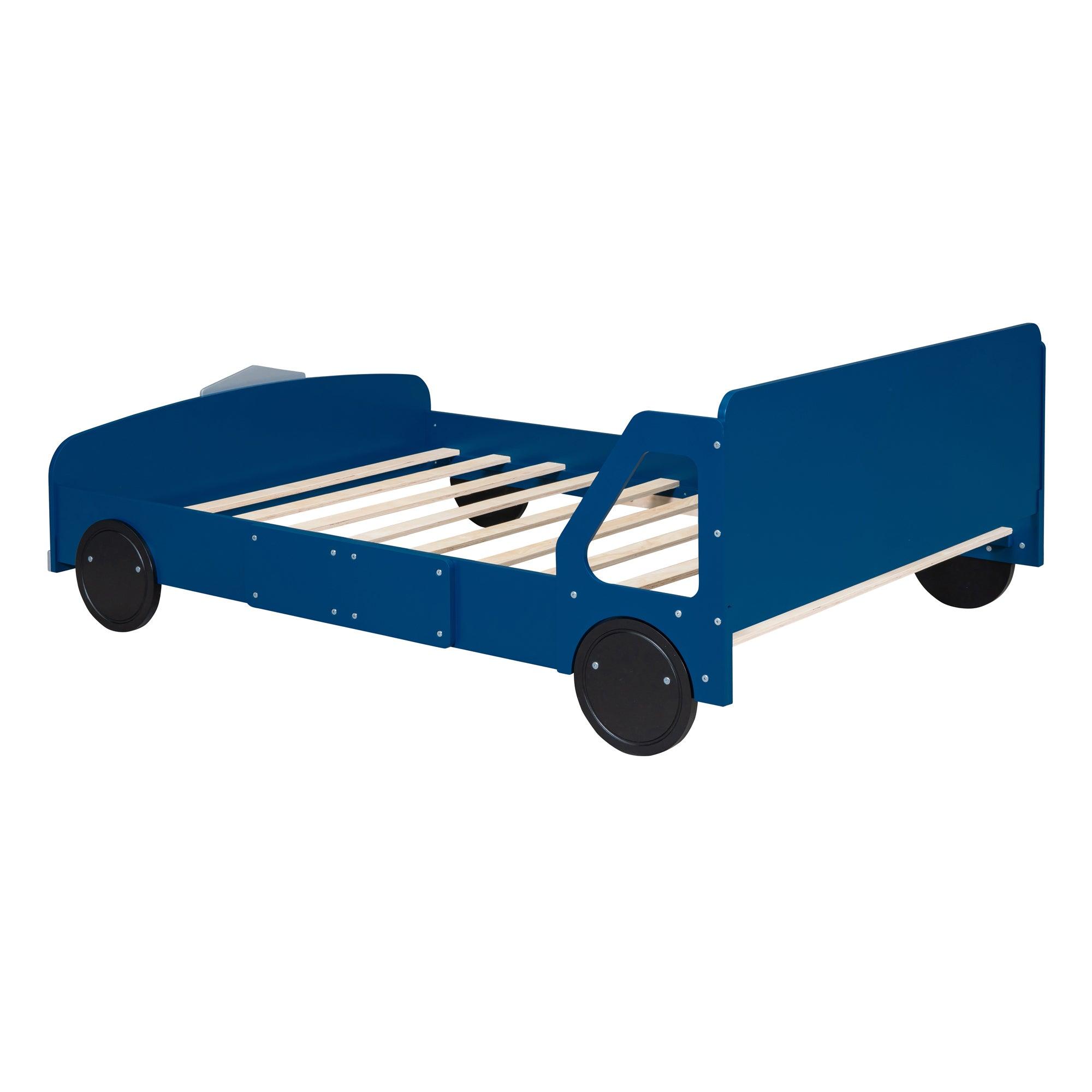 Full Size Car-Shaped Platform Bed with Wheels, Blue