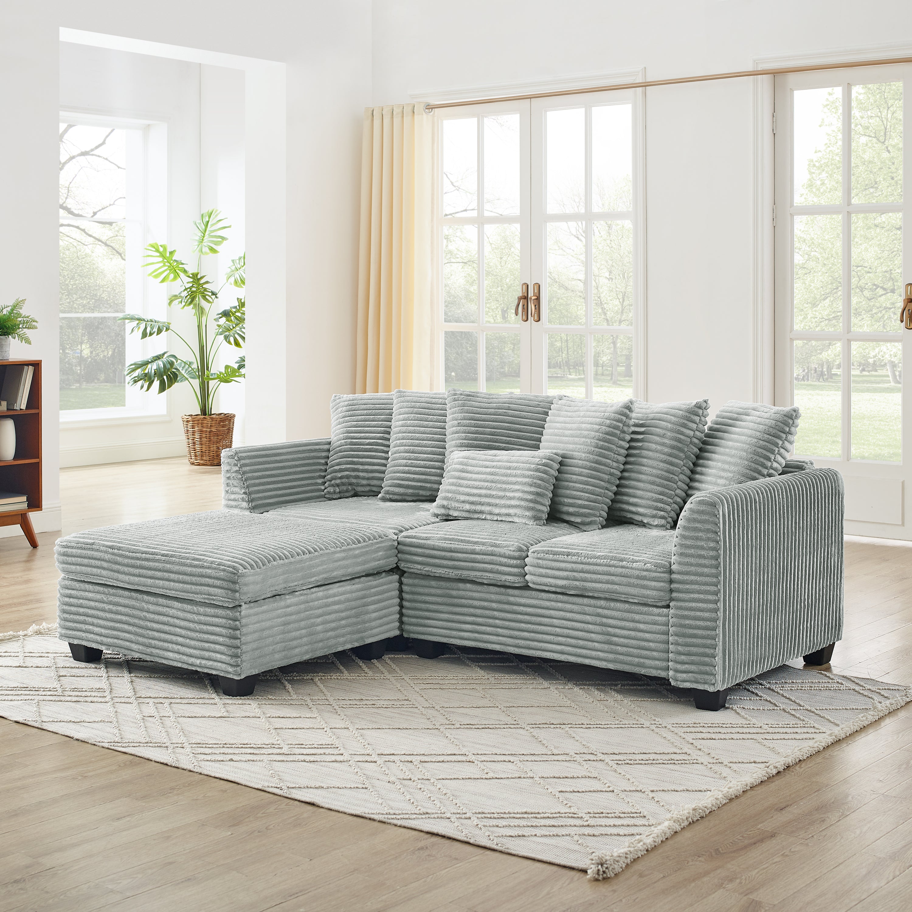 Corduroy Tufted Upholstered Sofa, L-Shaped Modular Convertible Sofa , Gray