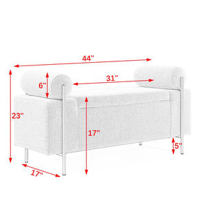 Elegant Upholstered Linen Storage Bench W/ Cylindrical Arms & Iron Legs For Hallway Living Room Bedroom - White