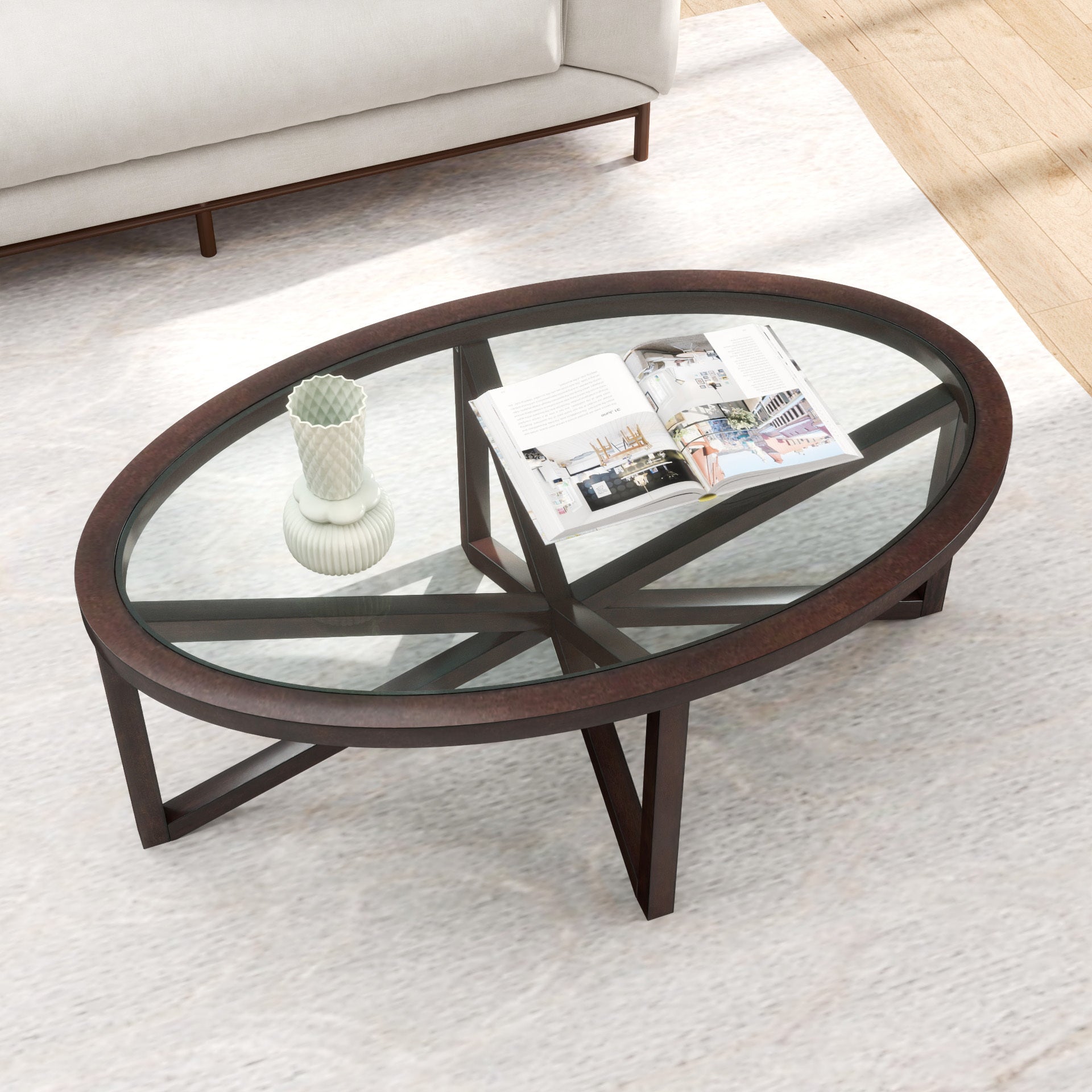 🆓🚛 Modern Simple Glass Coffee Table, Tempered Glass Coffee Table Solid Wood Base Round Transparent Glass Top Modern Living Room Terrace Study Coffee Table