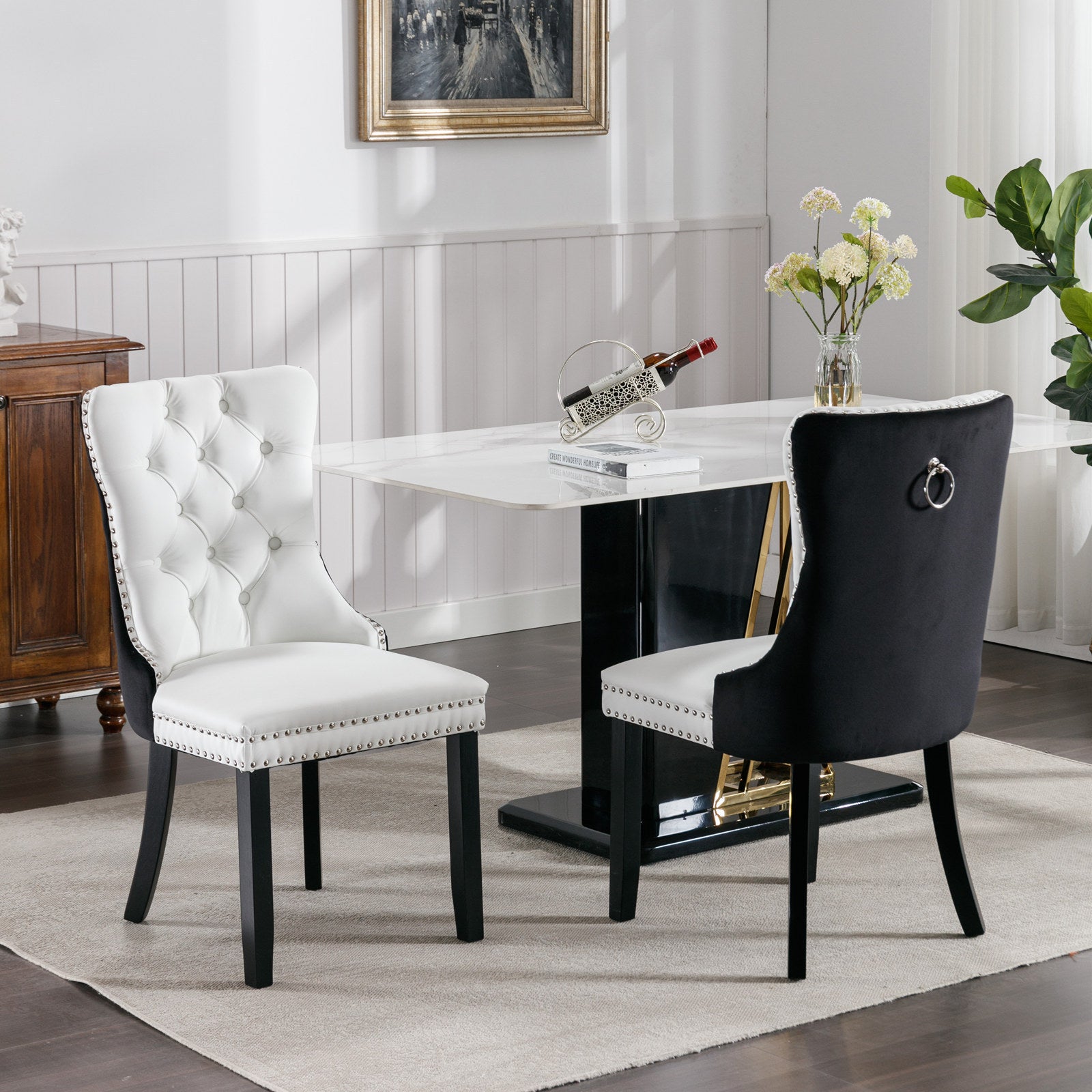 🆓🚛 High-End Tufted Solid Wood Contemporary Pu and Velvet Upholstered Dining Chair With Wood Legs Nailhead Trim 2-Pcs Set, White & Black