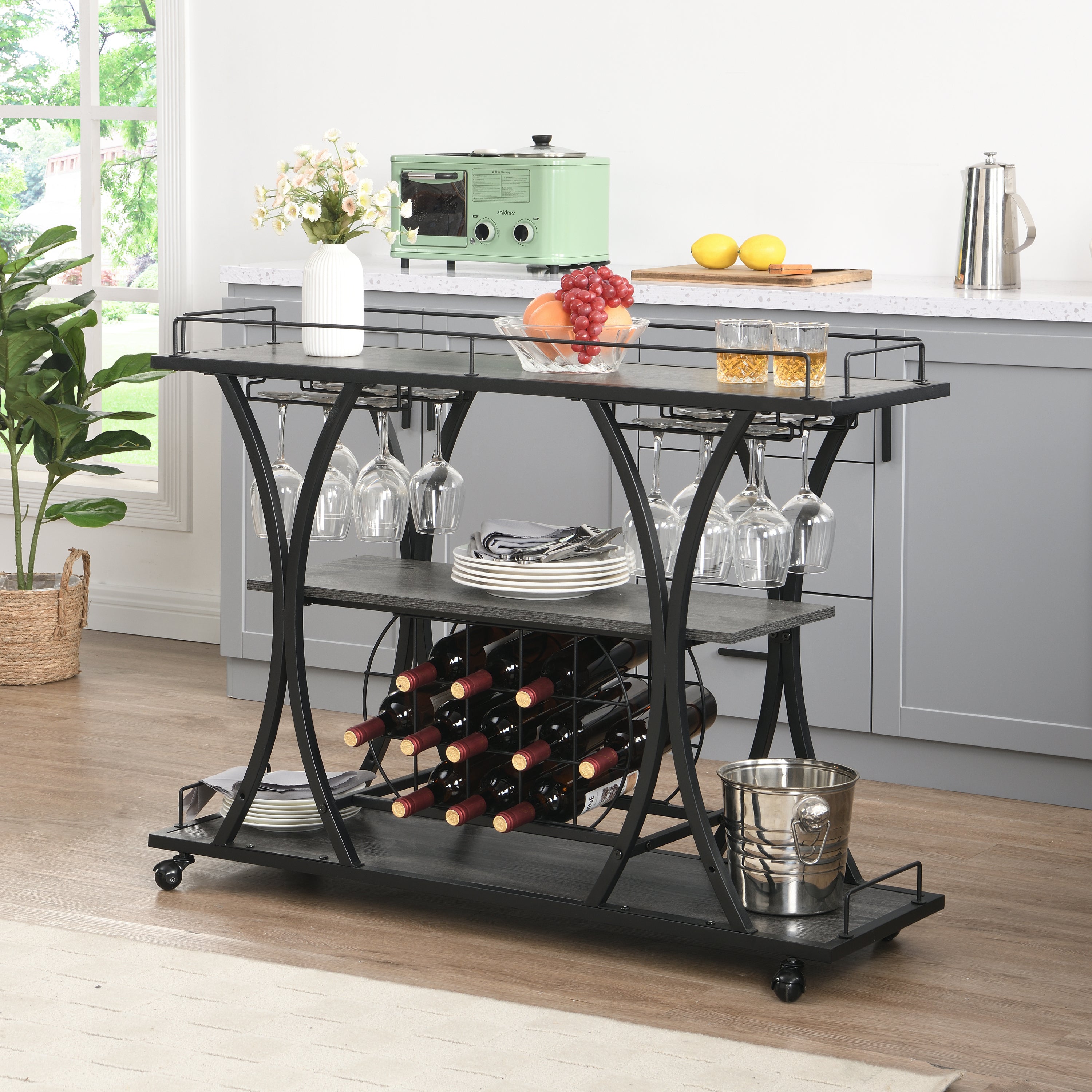 Industrial Bar Cart Kitchen Bar & Serving Cart for Home, With Wheels, 3 Tier Storage Shelves