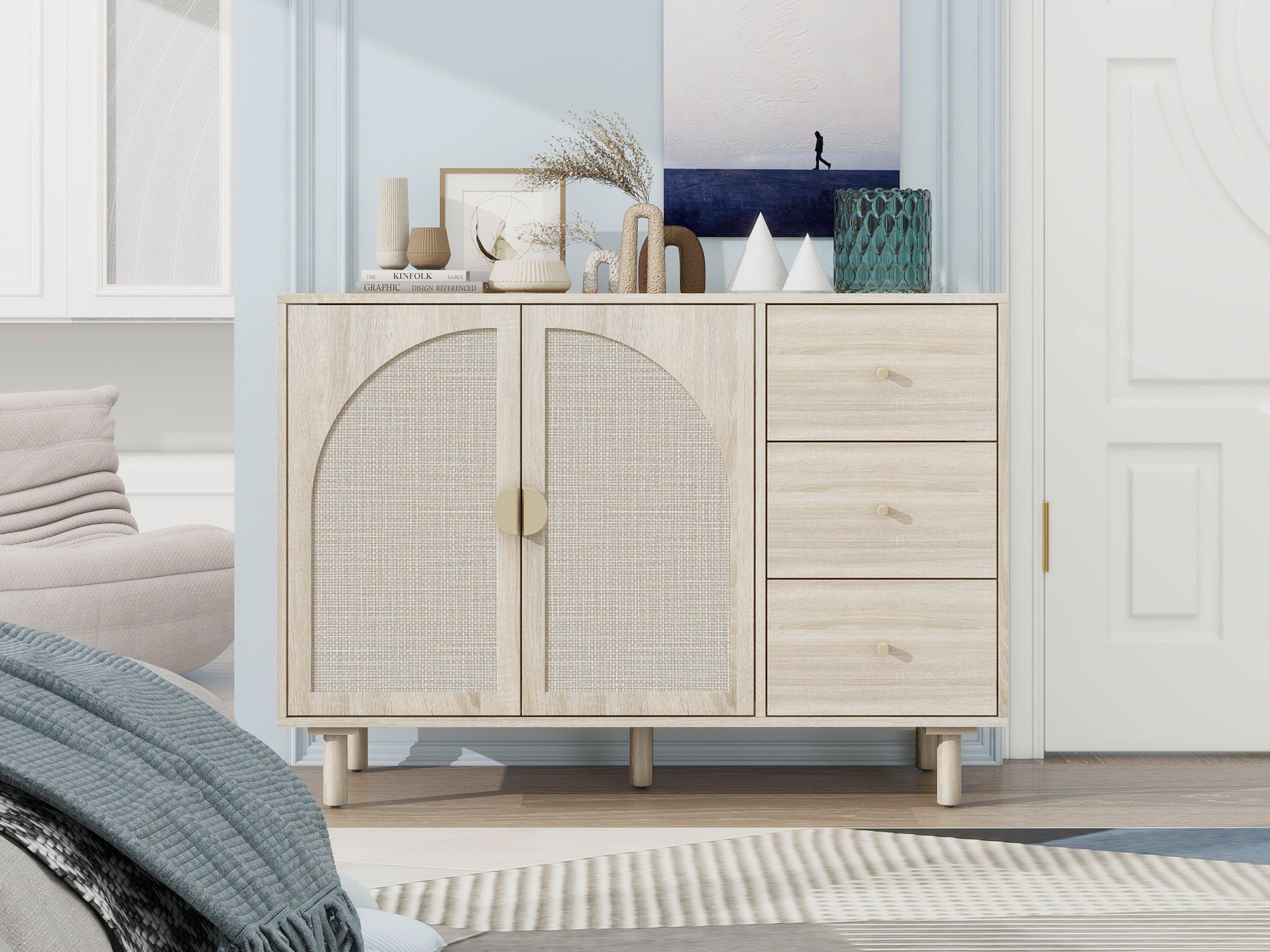 🆓🚛 2 Rattan Door 3 Drawer Sidboard Cabinet, Suitable for Bedroom, Living Room, Study, Natural