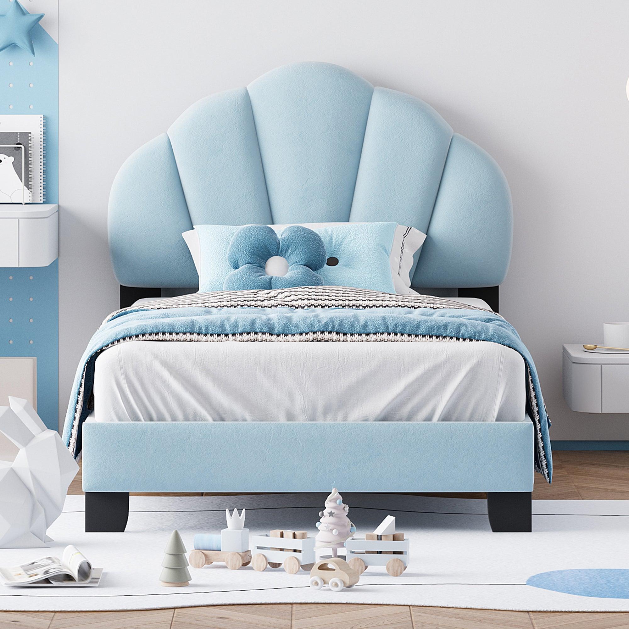 🆓🚛 Twin Size Upholstered Velvet Platform Bed With Shell-Shaped Headboard, Blue