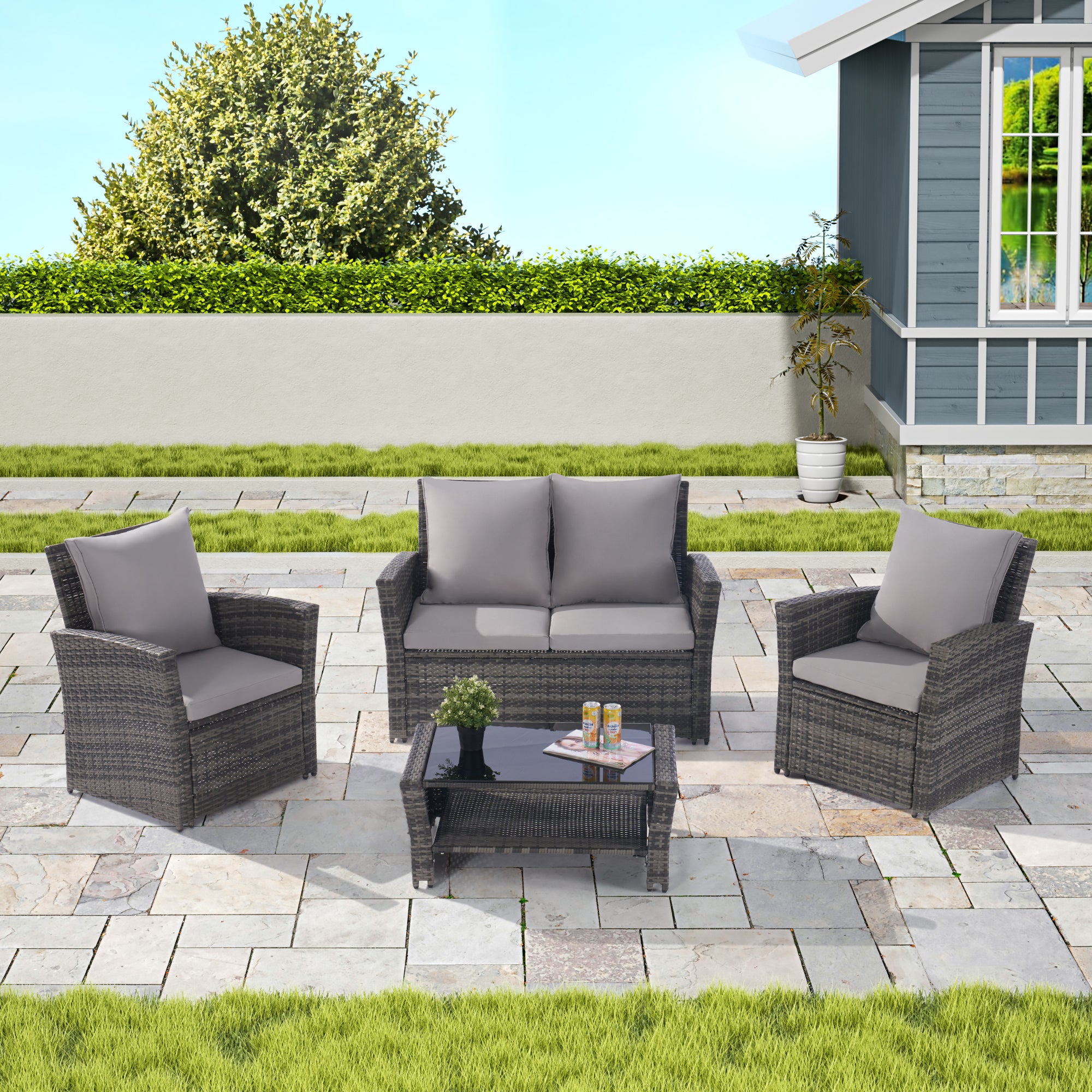 4 Pieces Outdoor Patio Furniture Sets Garden Rattan Chair Wicker Set, Poolside Lawn Chairs With Tempered Glass Coffee Table Porch Furniture