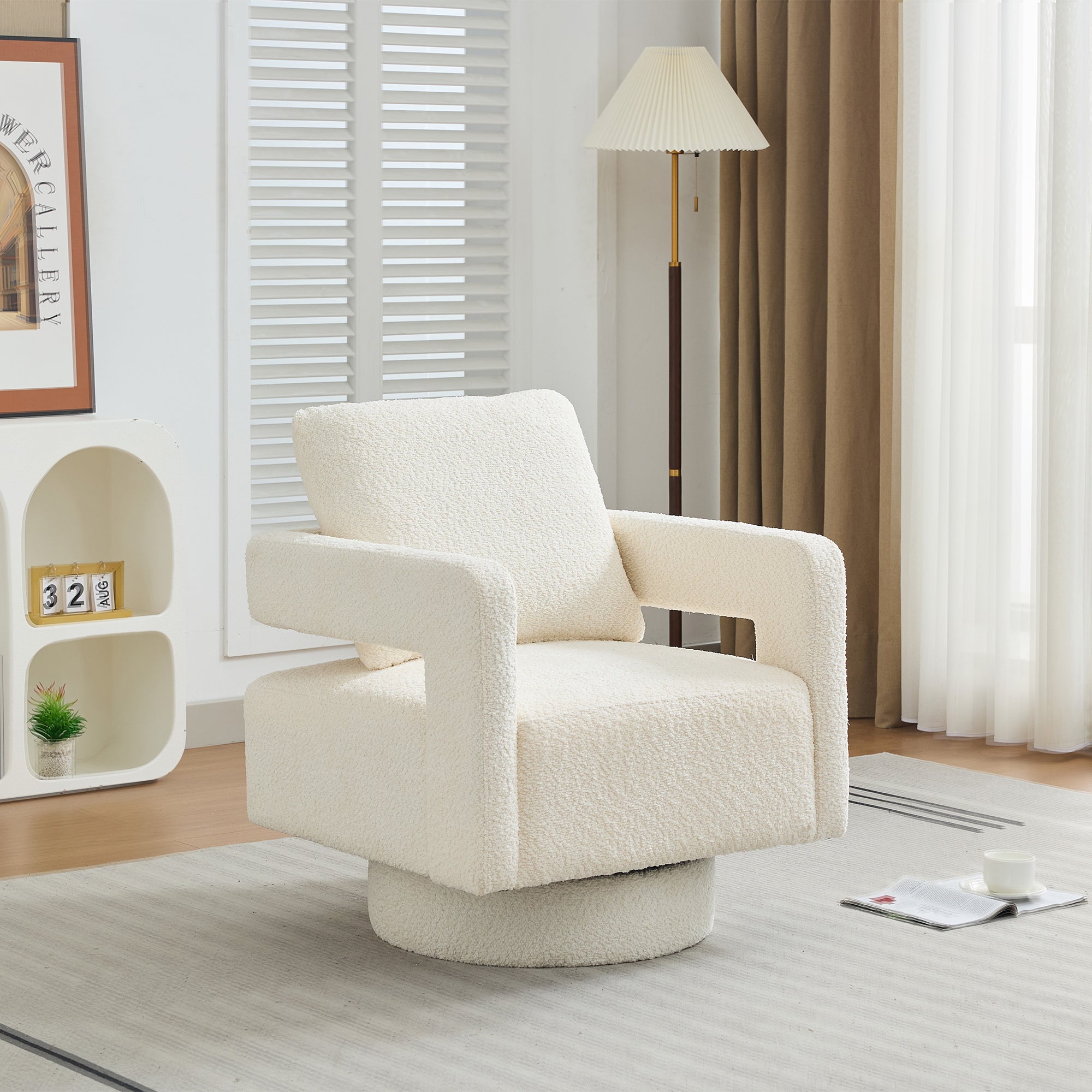 29.13" W Square Swivel Accent Chair, Modern Rotating Arm Chair With Open Back, 360 Degree Rotation, Lounge Club Chair With Removable Back Cushion for Living Room, Hotel, Bed Room, Beige