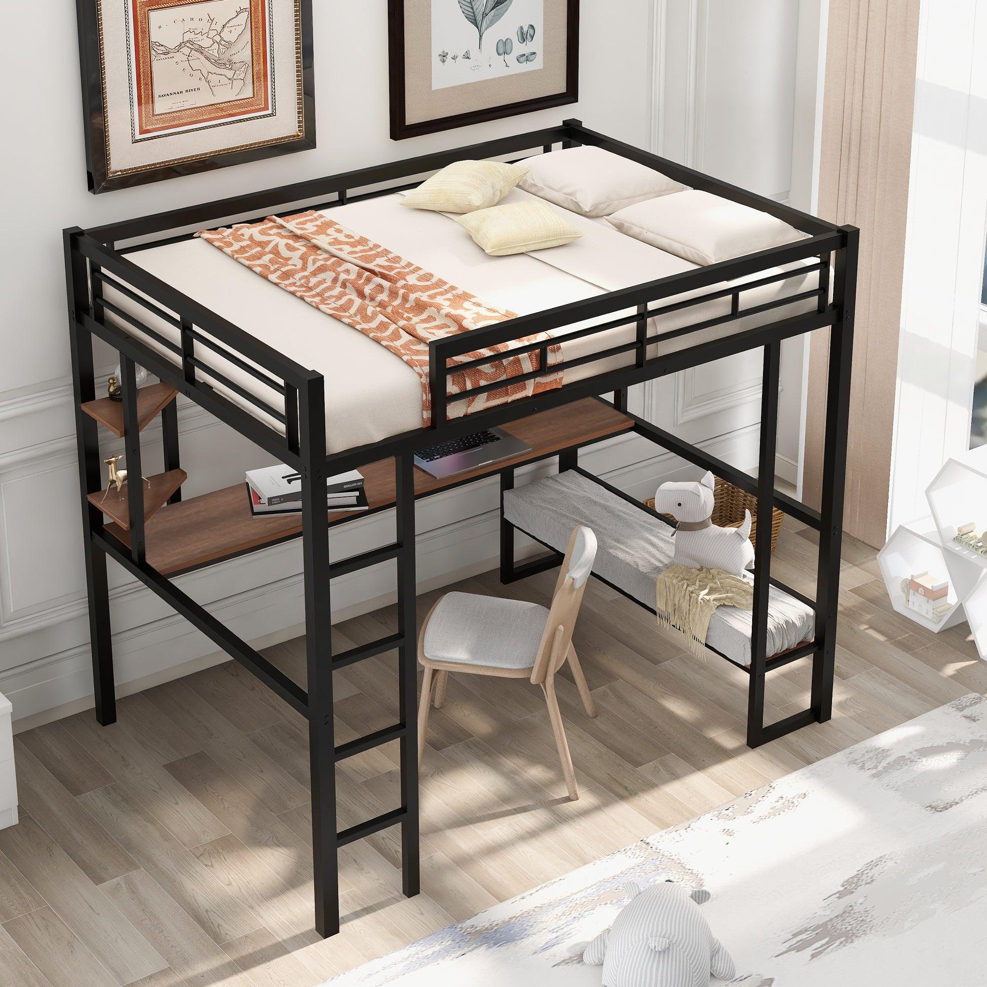🆓🚛 Full Size Loft Metal & MDF Bed With Long Desk & Shelves, Black