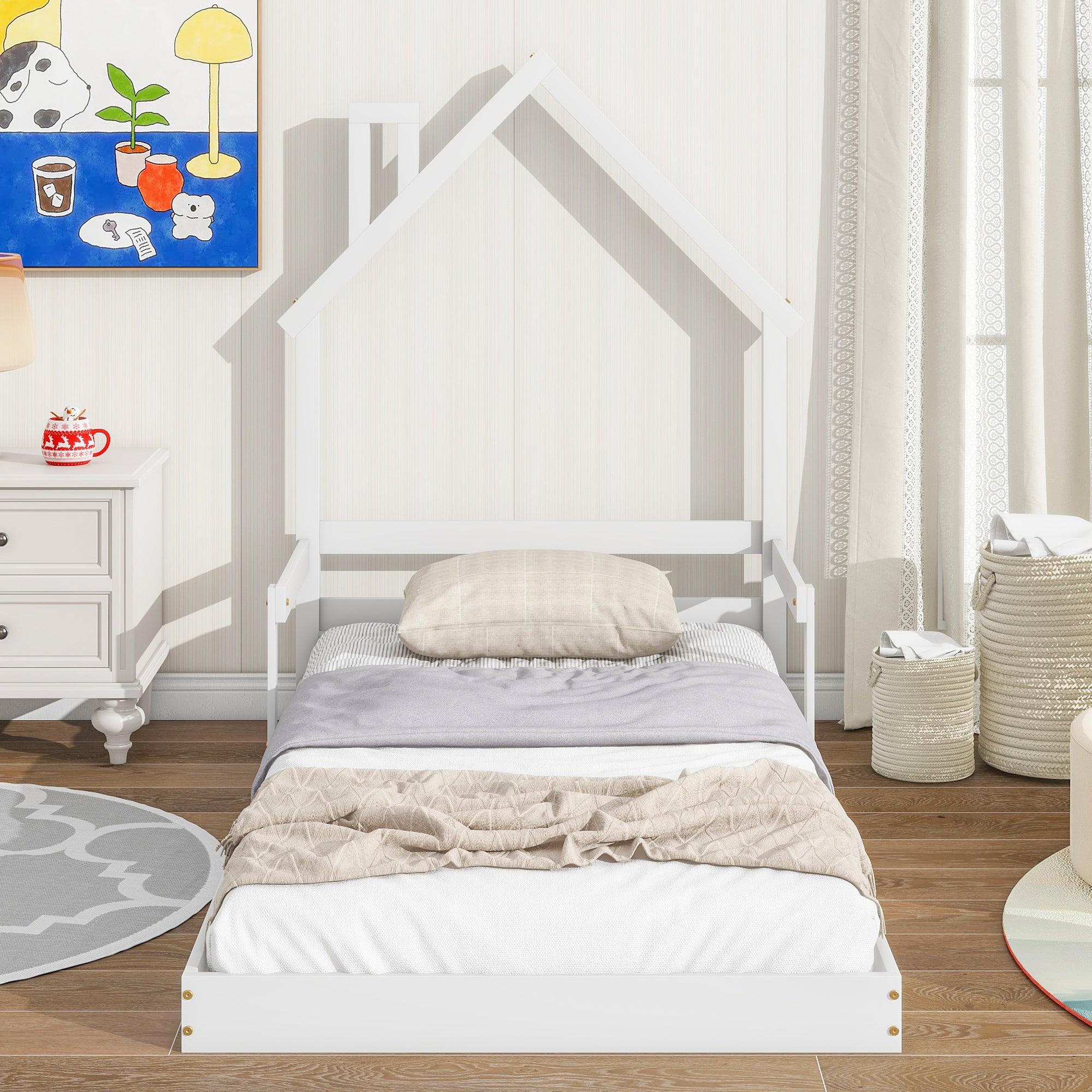 🆓🚛 Twin House-Shaped Headboard Floor Bed With Handrails, Slats, White