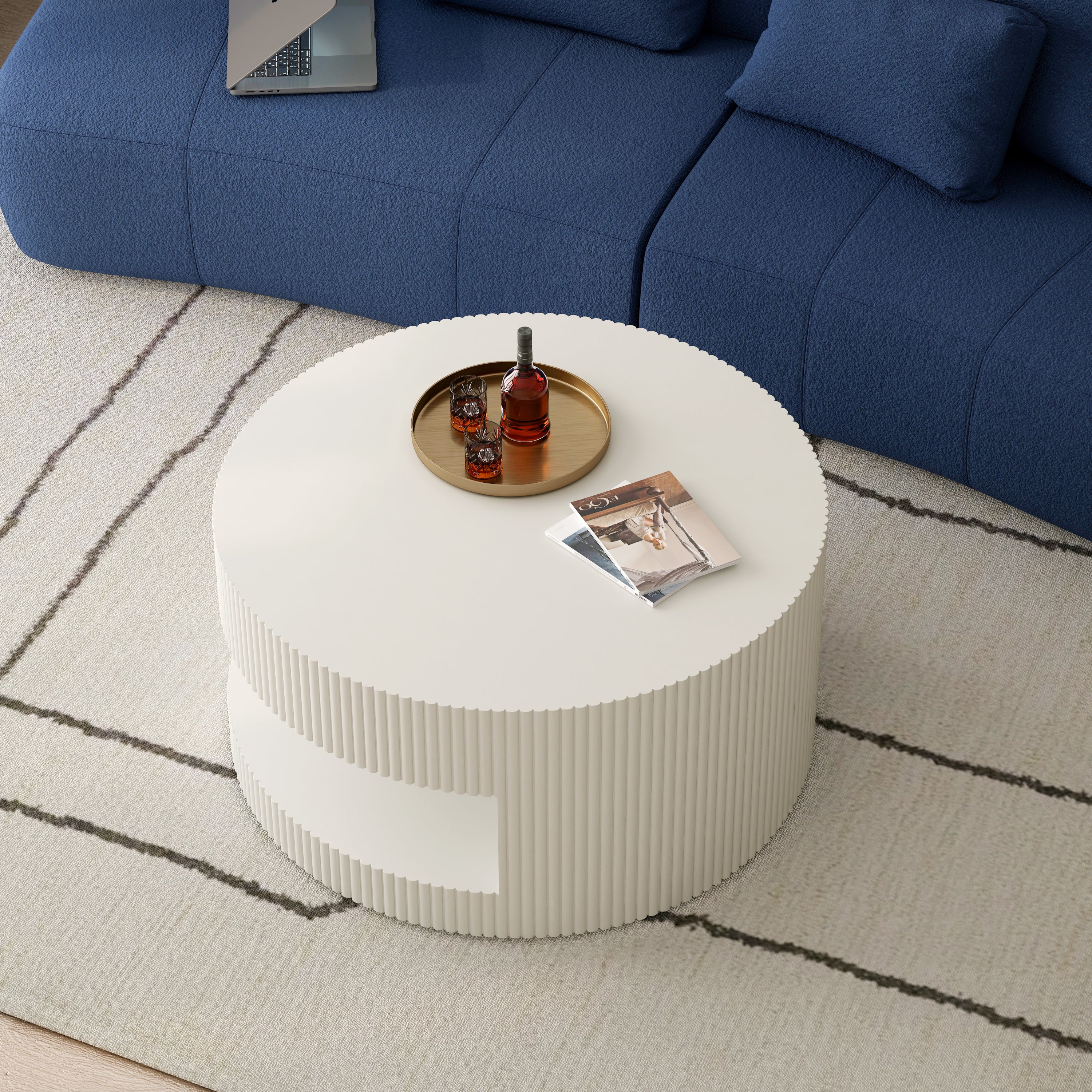 31.5'' Round Coffee Table, Modern Center Table With Storage, Vertical Stripe Design Coffee Table for Living Room, Bedroom (White)