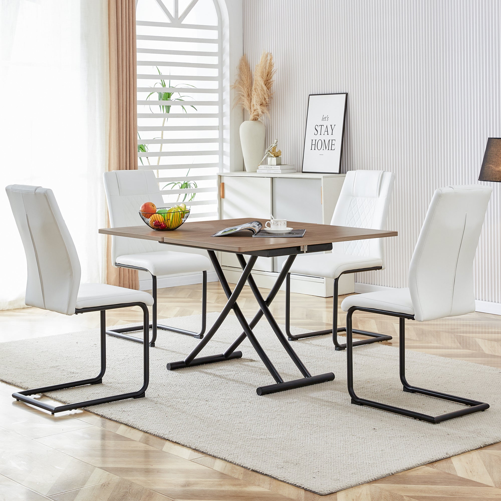 🆓🚛 Table & Chair Set, Modern Minimalist Multifunctional Folding Table, 4 Faux Leather Upholstered Dining Chairs, White