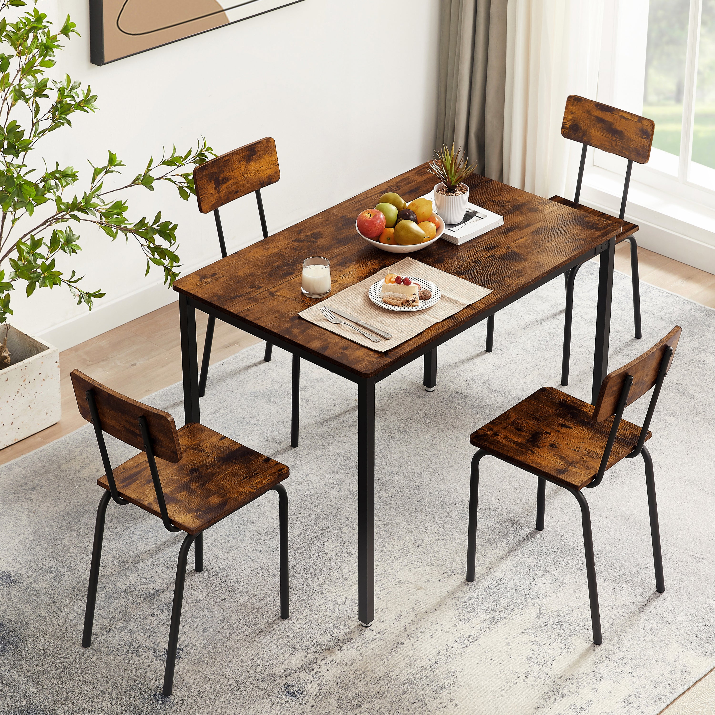 🆓🚛 Dining Table Set 5-Piece Dining Chair With Backrest, Industrial Style, Sturdy Construction, Rustic Brown, 43.31'' L X 27.56'' W X 30.32'' H.