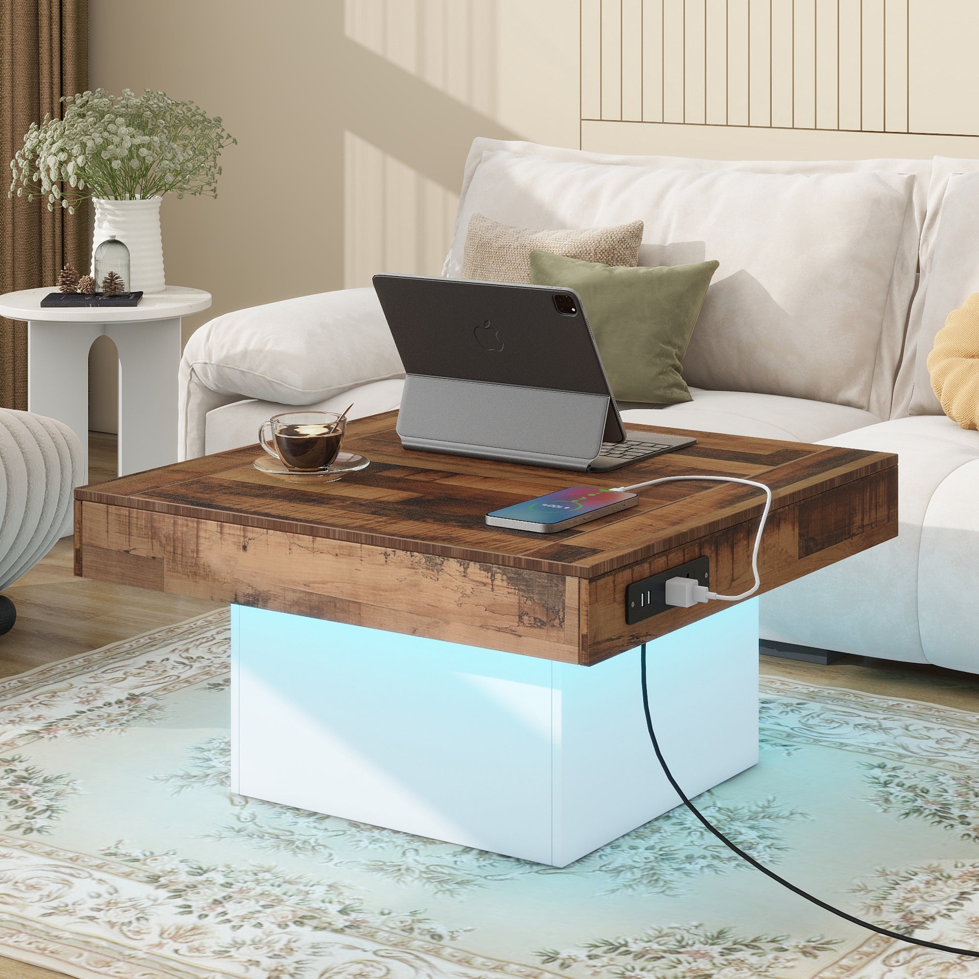 31.4'' X 31.4'' Farmhouse Coffee Table With 2 Usb Ports and Outlets, Brown Spliced Wood Grain Center Table With Led Light, Rustic Cocktail Table With Charging Station for Living Room, White