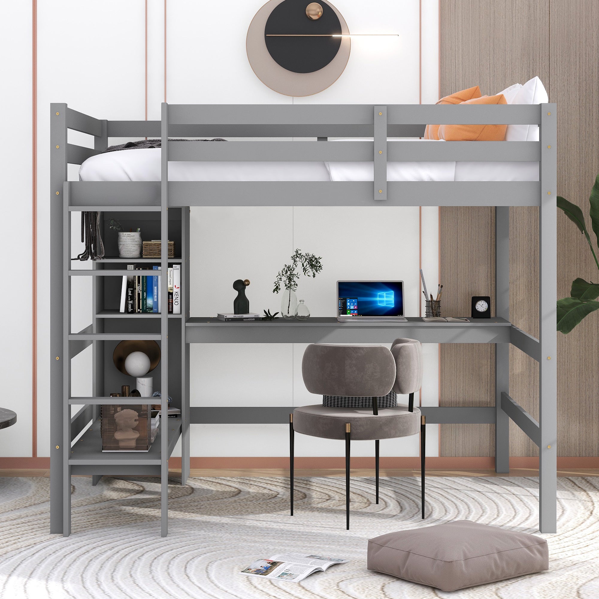 🆓🚛 Full Size Loft Bed With Multifunction Shelves and Under-Bed Desk, Gray