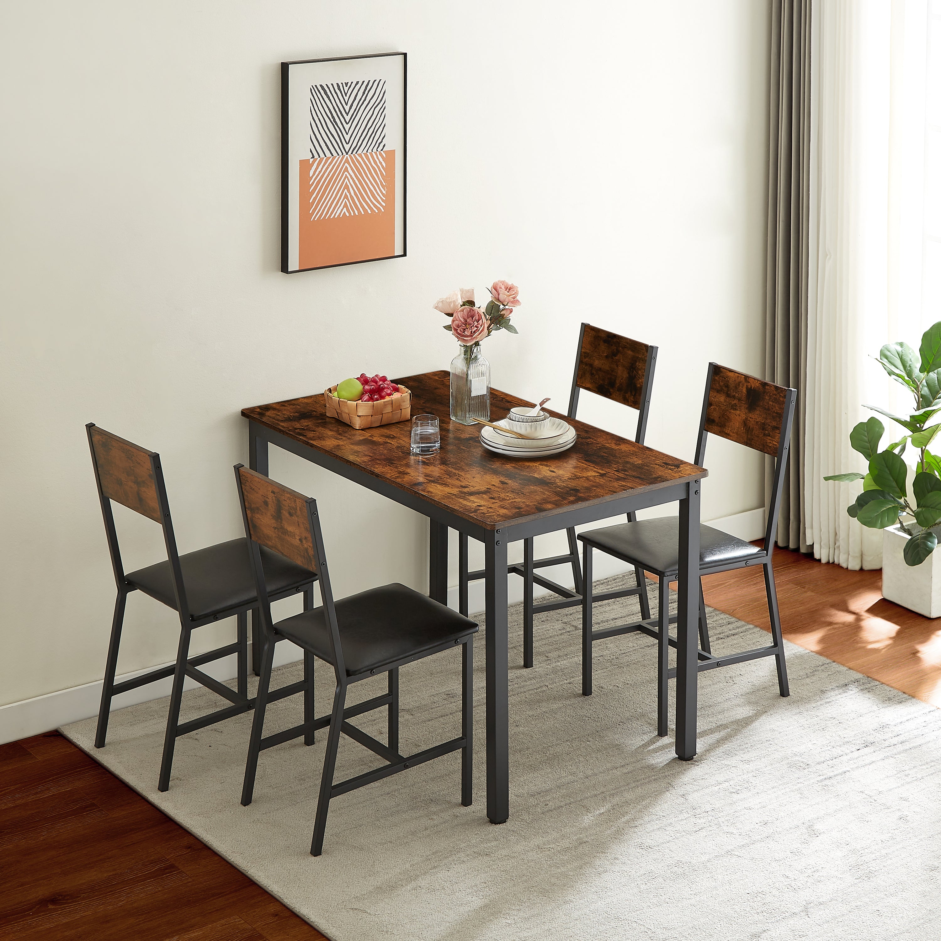 🆓🚛 Dining Set for 4, Kitchen Table With 4 Upholstered Chairs, Rustic Brown, 47.2'' L X 27.6'' W X 29.7'' H.