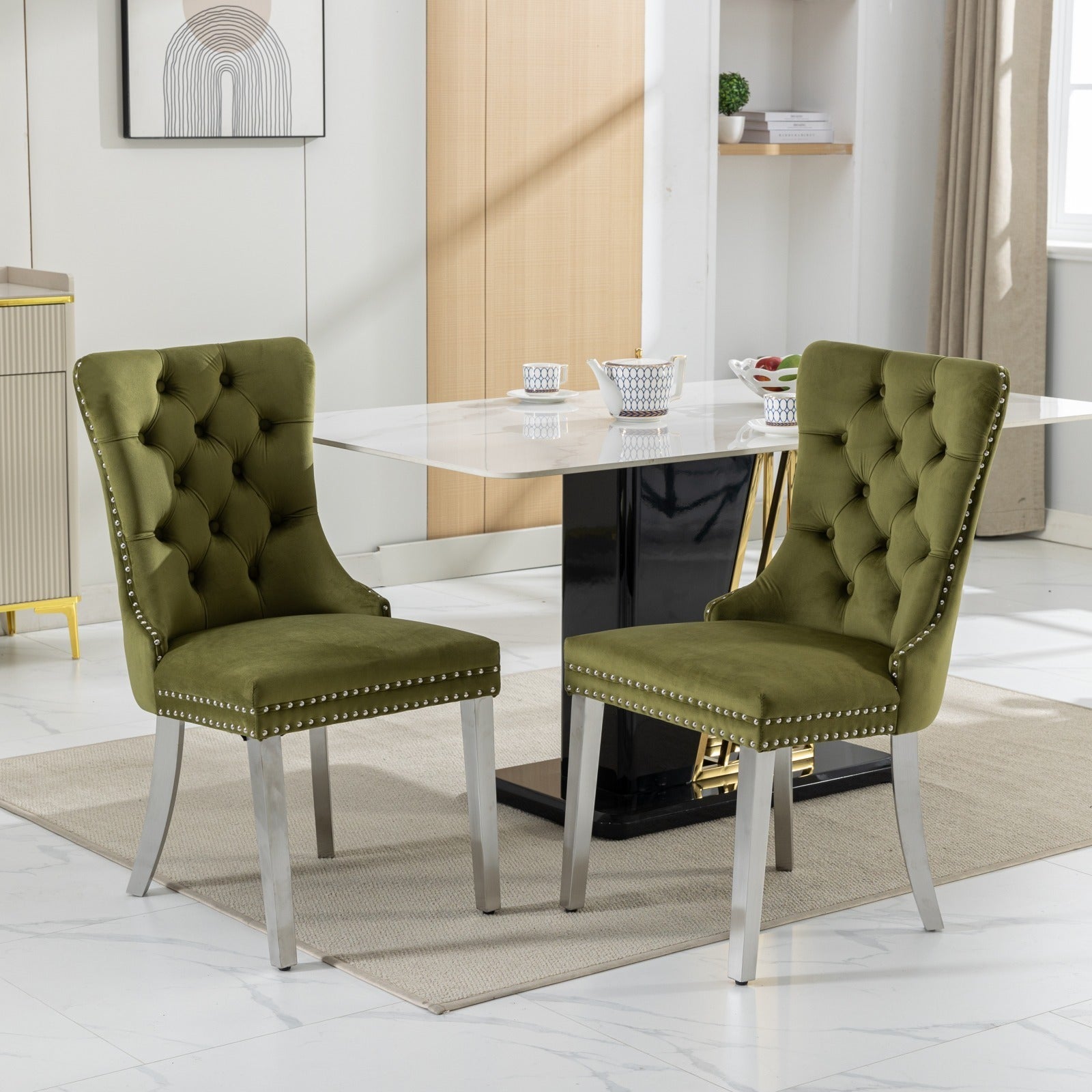 🆓🚛 High-End Tufted Solid Wood Contemporary Velvet Upholstered Dining Chair With Chrome Stainless Steel Plating Legs, Nailhead Trim, Set of 2, Olive-Green and Chrome